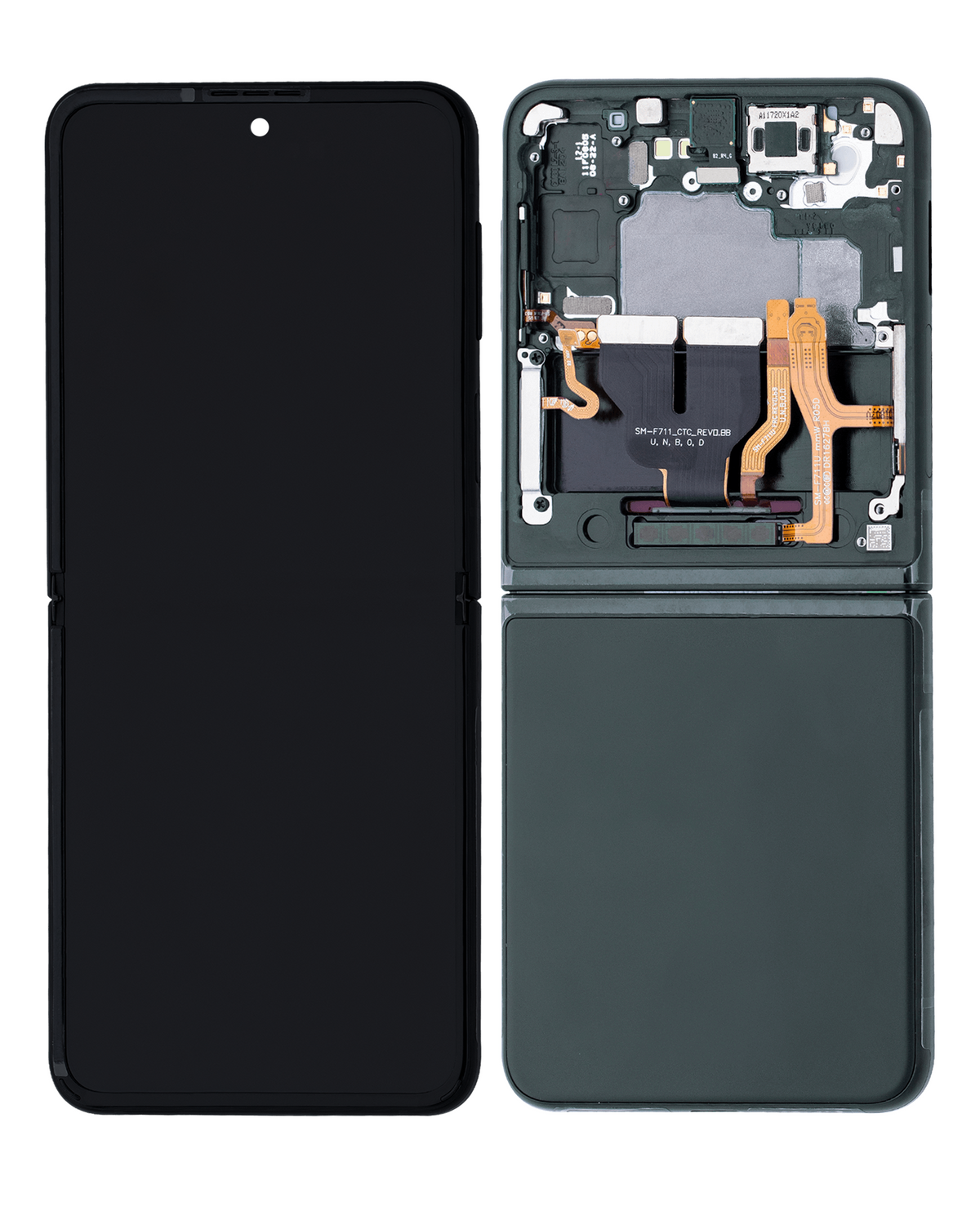 Inner OLED Assembly With Frame Replacement Compatible For Samsung Galaxy Z Flip 3 5G (US & International) (Used OEM Pull: Grade B/C) Phantom Green)