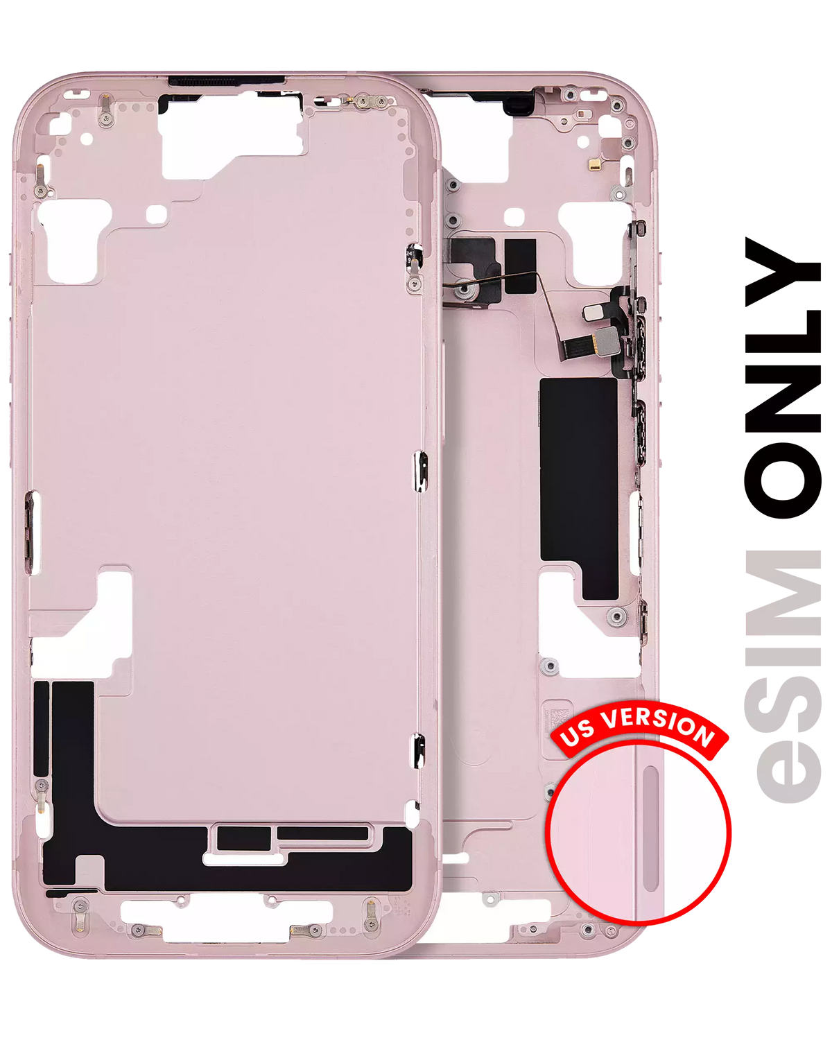 Mid-Frame Housing With Power And Volume Button Compatible For iPhone 15 (US Version) (Used OEM Pull: Grade A) (Pink)