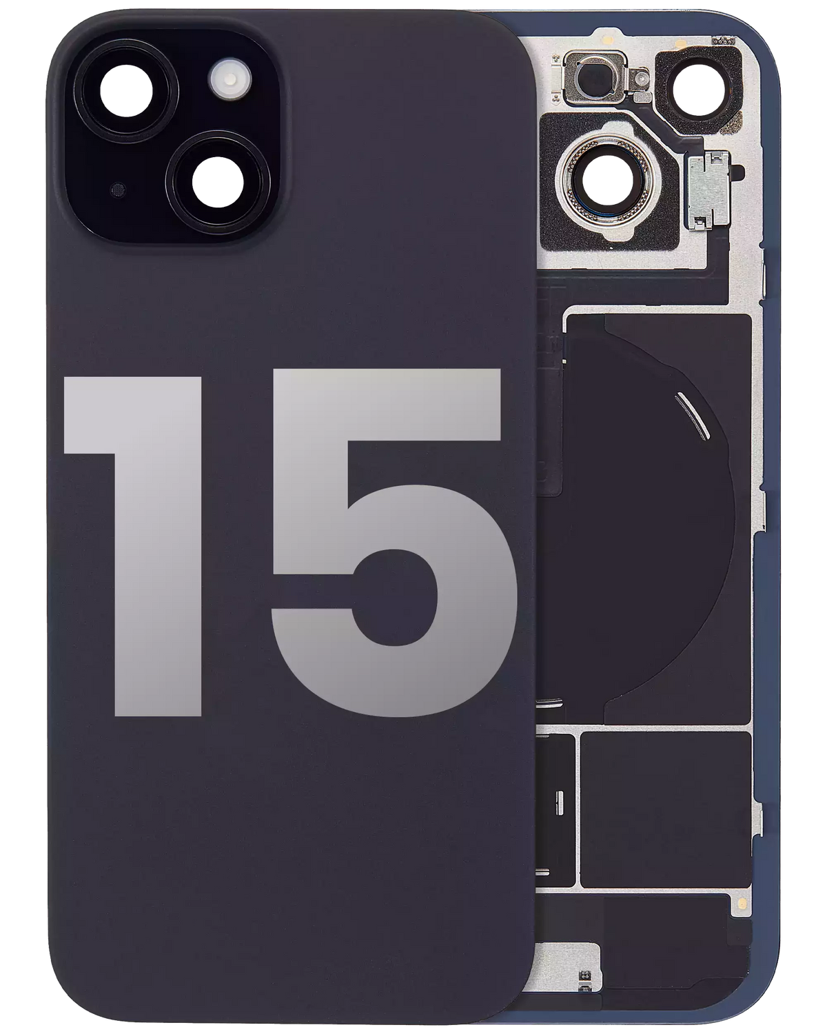 Back Glass With Steel Plate With Wireless NFC Charging MagSafe Magnet & Flashlight Flex Compatible For iPhone 15 (Used OEM Pull: Grade B) (Black)