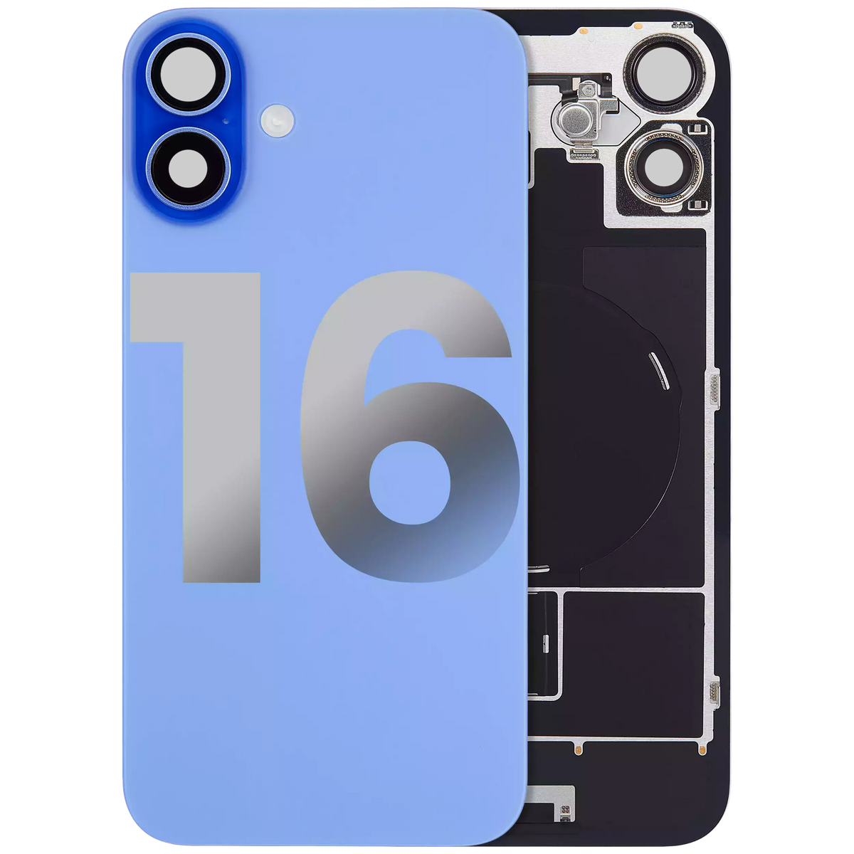 Back Glass With Steel Plate With Wireless NFC Charging MagSafe Magnet & Flashlight Flex Compatible For iPhone 16 (Used OEM Pull: Grade A) (Ultramarine)