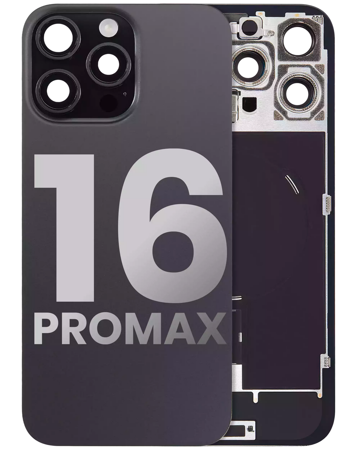 Back Glass With Steel Plate With Wireless NFC Charging MagSafe Magnet & Flashlight Flex Compatible For iPhone 16 Pro Max (Used OEM Pull: Grade A) (Black Titanium)