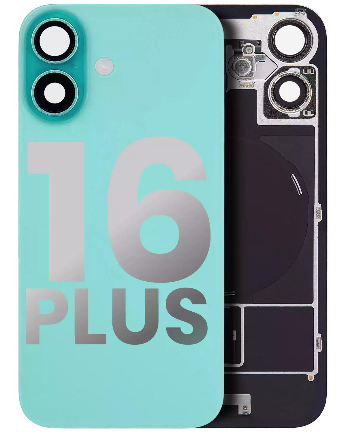 Back Glass With Steel Plate With Wireless NFC Charging MagSafe Magnet & Flashlight Flex Compatible For iPhone 16 Plus (Used OEM Pull: Grade A) (Teal)