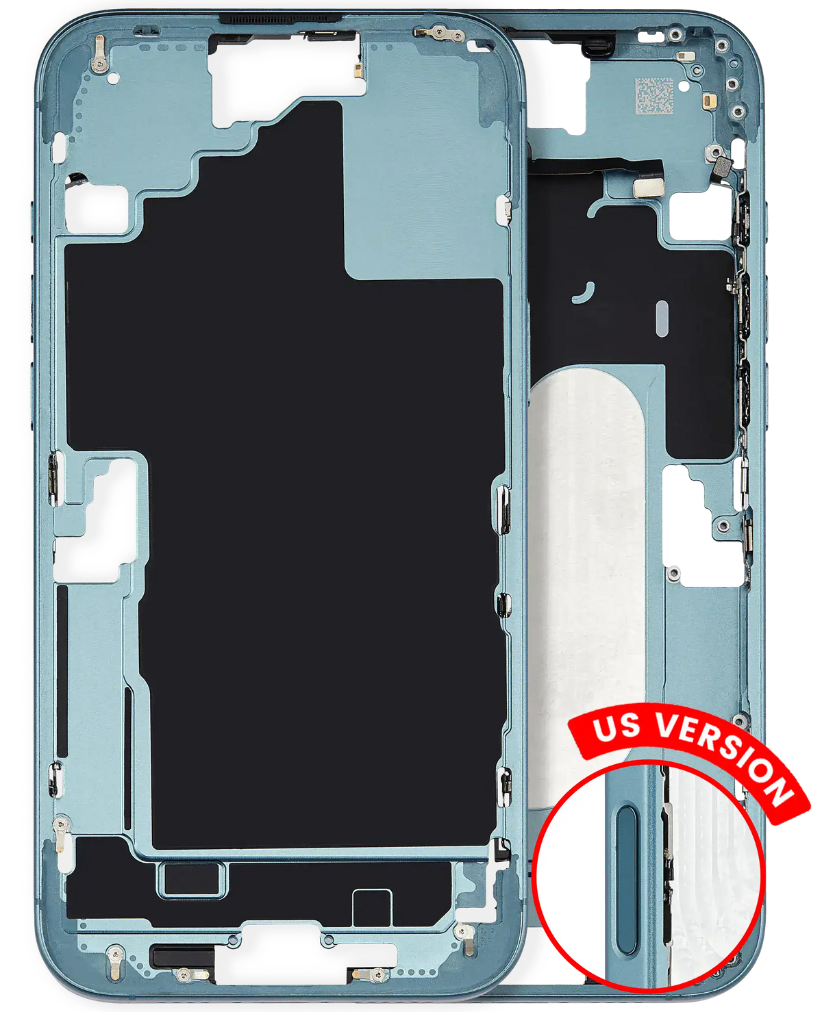 Mid-Frame Housing With Power And Volume Button Compatible For iPhone 16 Plus (US Version) (Used OEM Pull: Grade A) (Teal)