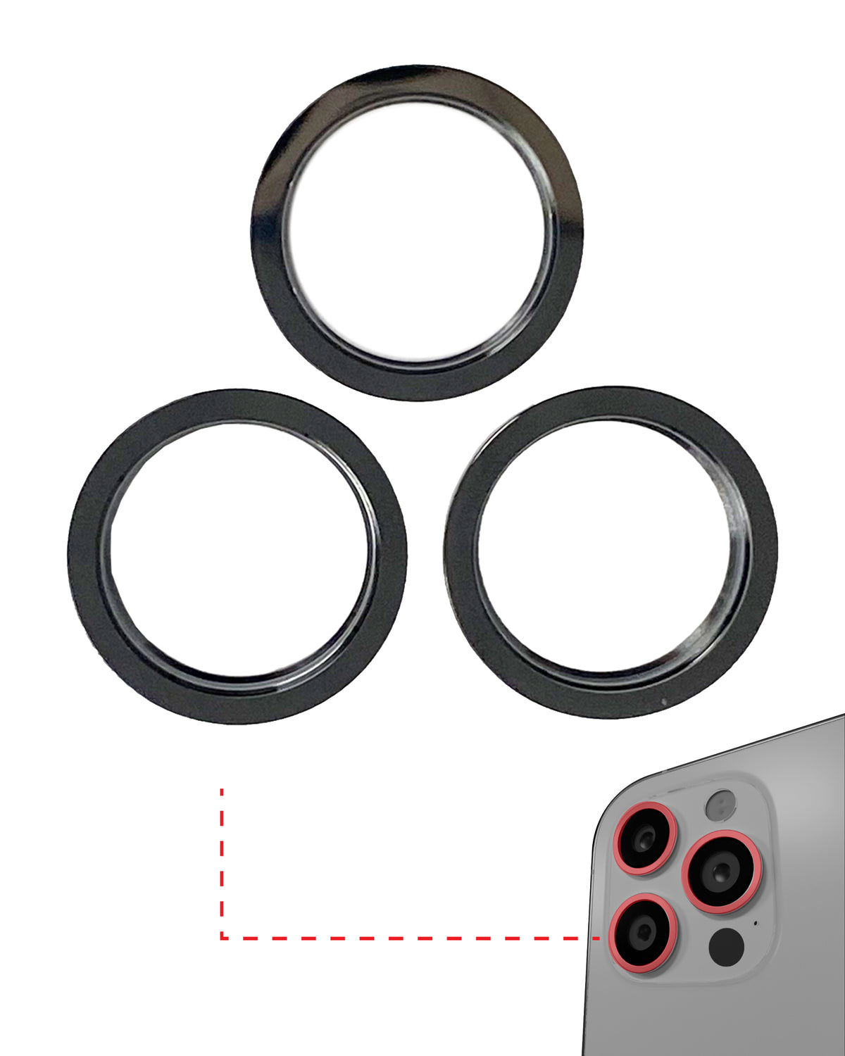BLACK - BACK CAMERA BEZEL RING ONLY ONLY (3 PIECE SET) FOR IPHONE 11 PRO / 11 PRO MAX (10 PACK)