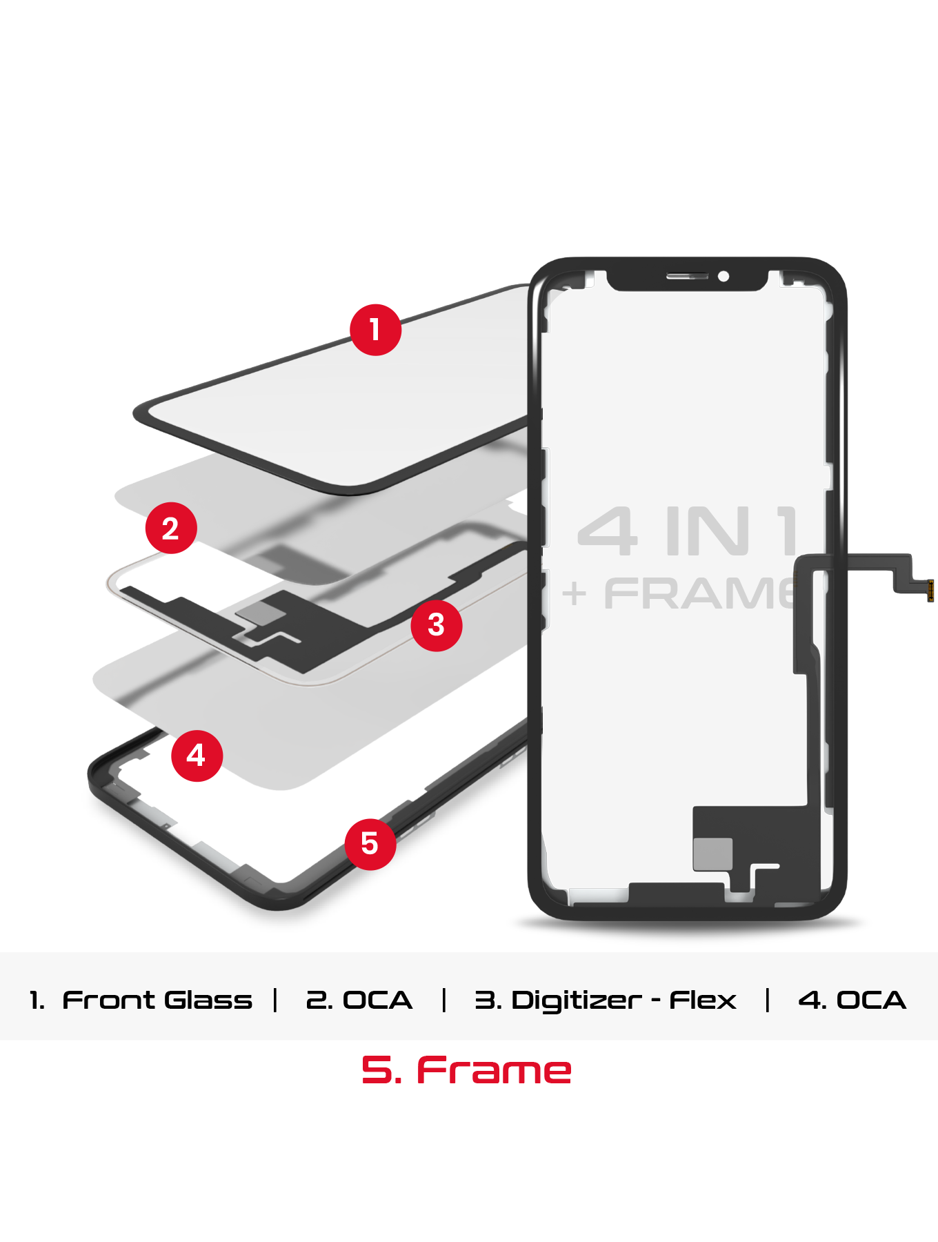 4 in 1 Long Flex (Digitizer Touch With Glass + OCA + Frame Pre-installed) Compatible For iPhone X (OCA Master)
