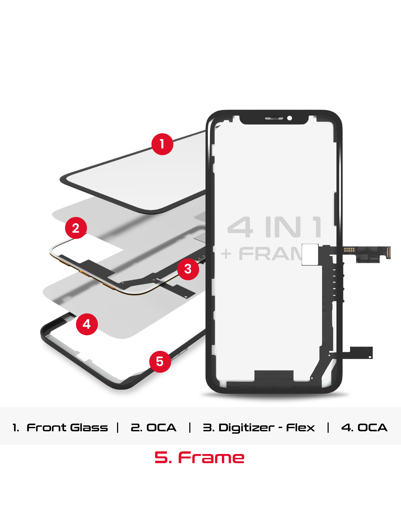 4 in 1 Long Flex (Digitizer Touch With Glass + OCA + Frame Pre-installed) Compatible For iPhone XS Max (OCA Master)