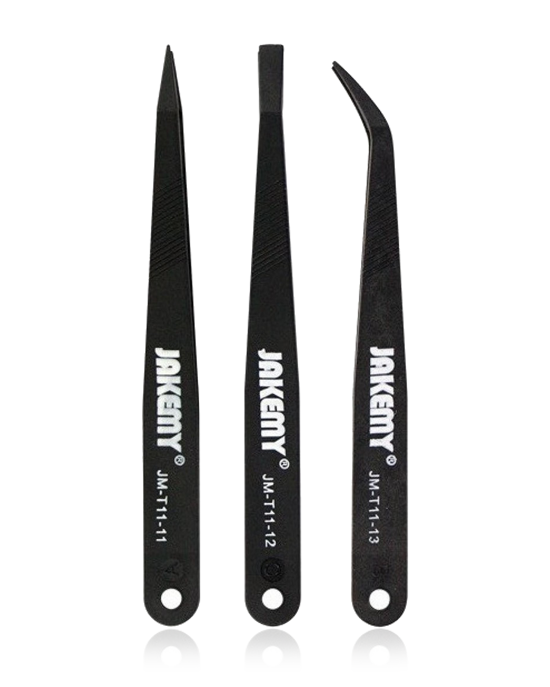 Anti-Static Heat Resistant Flat Pointed Curved Tweezers 3 Piece Set (JM-T11) (Jakemy)