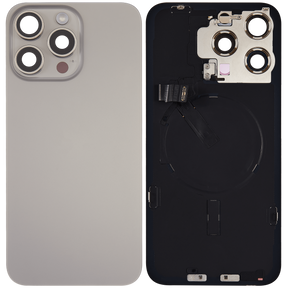 Back Glass With Steel Plate With Wireless NFC Charging MagSafe Magnet & Flashlight Flex Compatible For iPhone 15 Pro Max (Used OEM Pull: Grade A) (Natural Titanium)