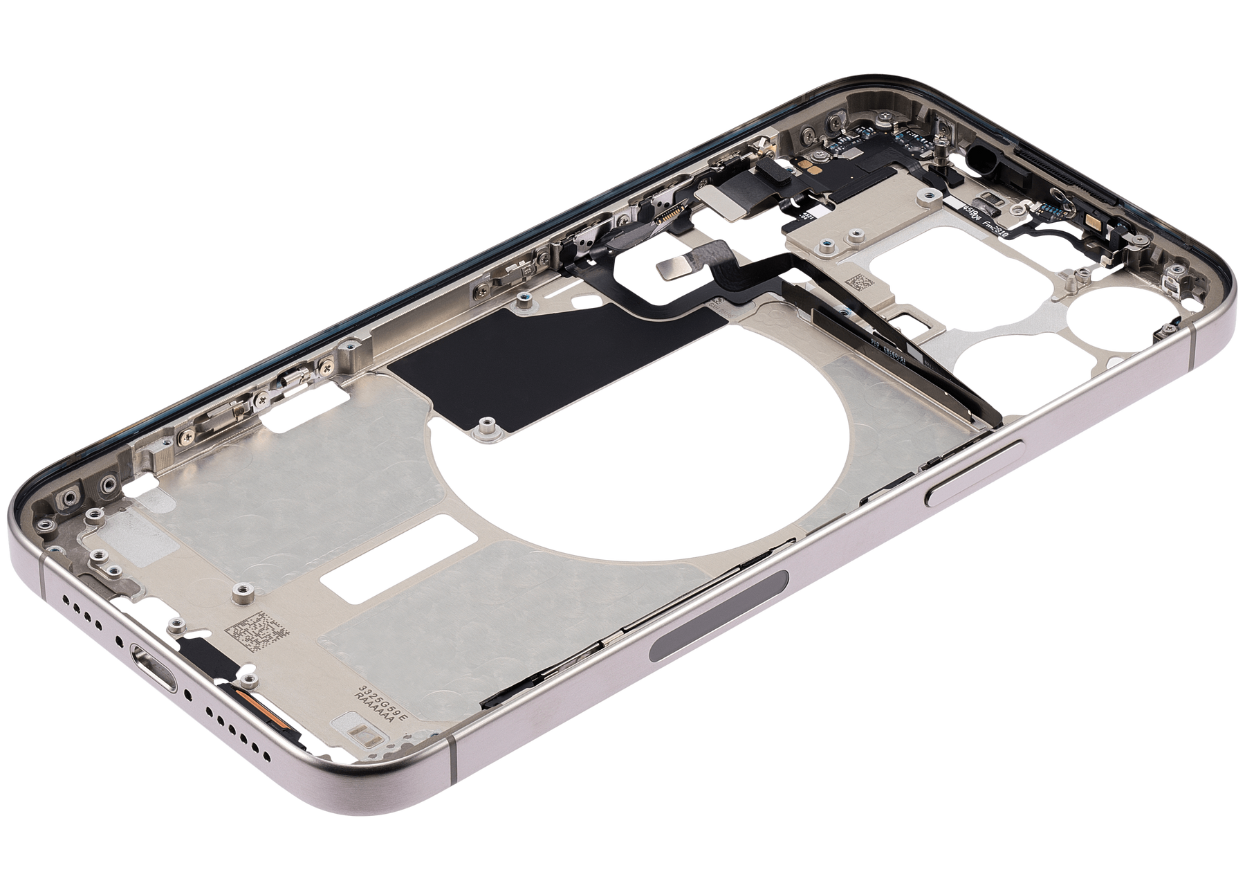 Mid-Frame Housing With Power And Volume Button Compatible For iPhone 15 Pro Max (US Version) (Used OEM Pull: Grade A) (Natural Titanium)