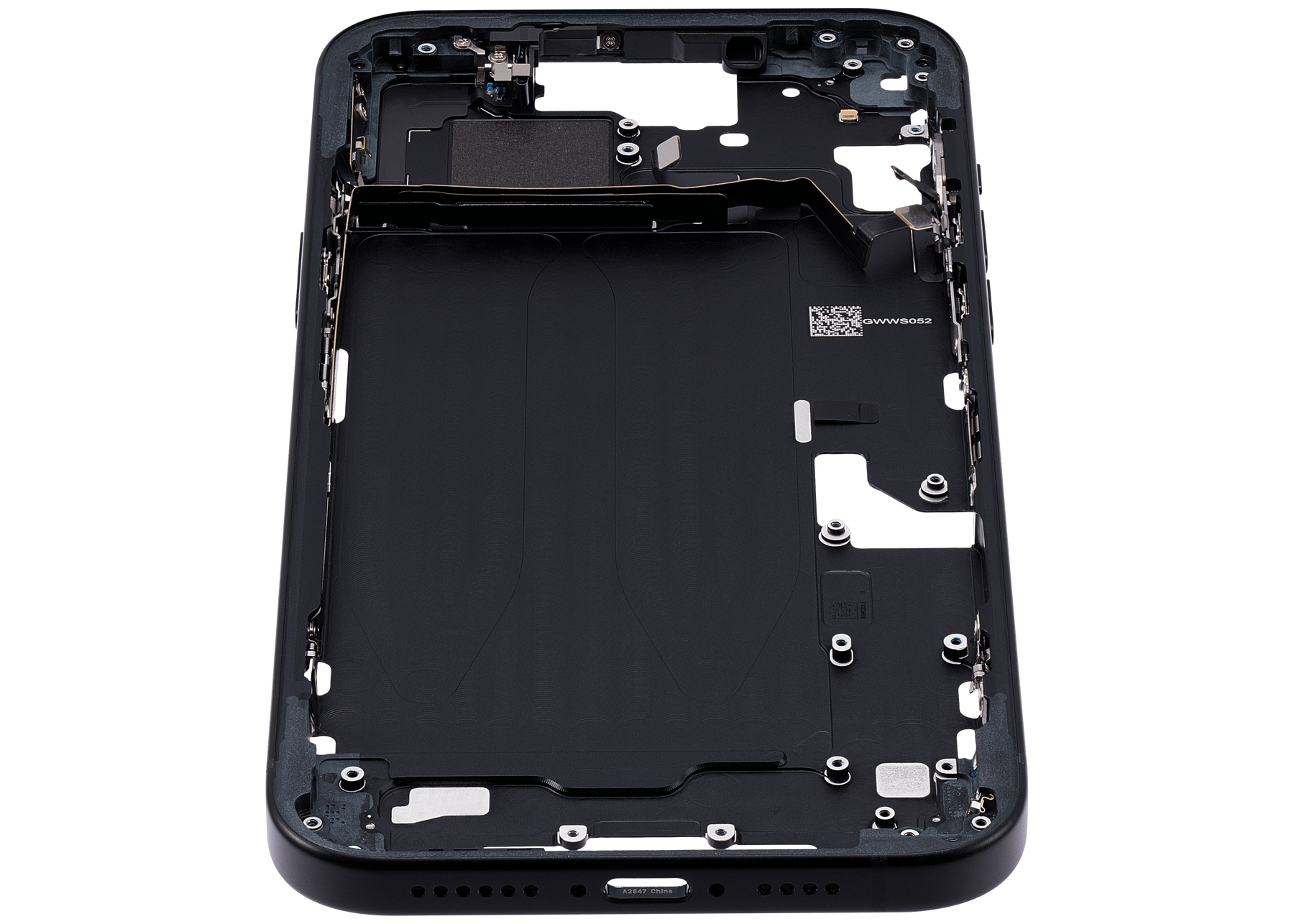 Mid-Frame Housing With Power And Volume Button Compatible For iPhone 15 Plus (US Version) (Used OEM Pull: Grade A) (Black)