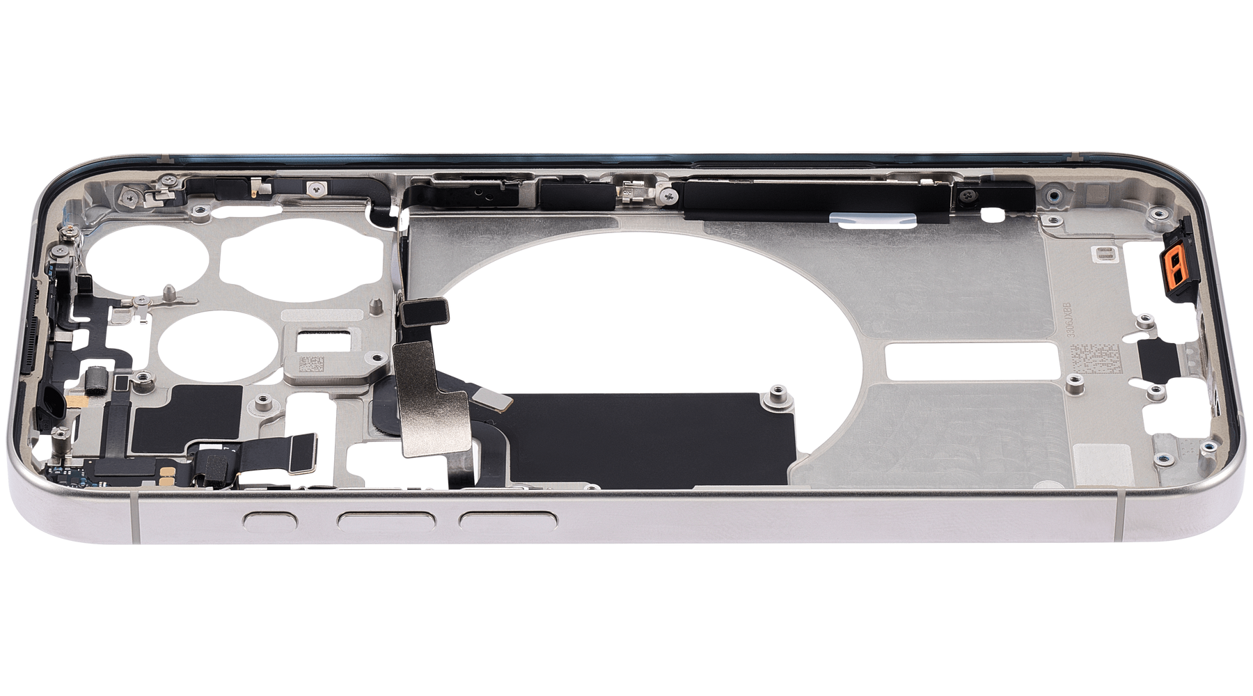 Mid-Frame Housing With Power And Volume Button Compatible For iPhone 15 Pro (US Version) (Used OEM Pull: Grade A) (Natural Titanium)