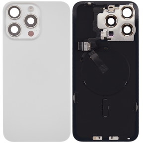 Back Glass With Steel Plate With Wireless NFC Charging MagSafe Magnet & Flashlight Flex Compatible For iPhone 15 Pro Max (Used OEM Pull: Grade A) (White Titanium)