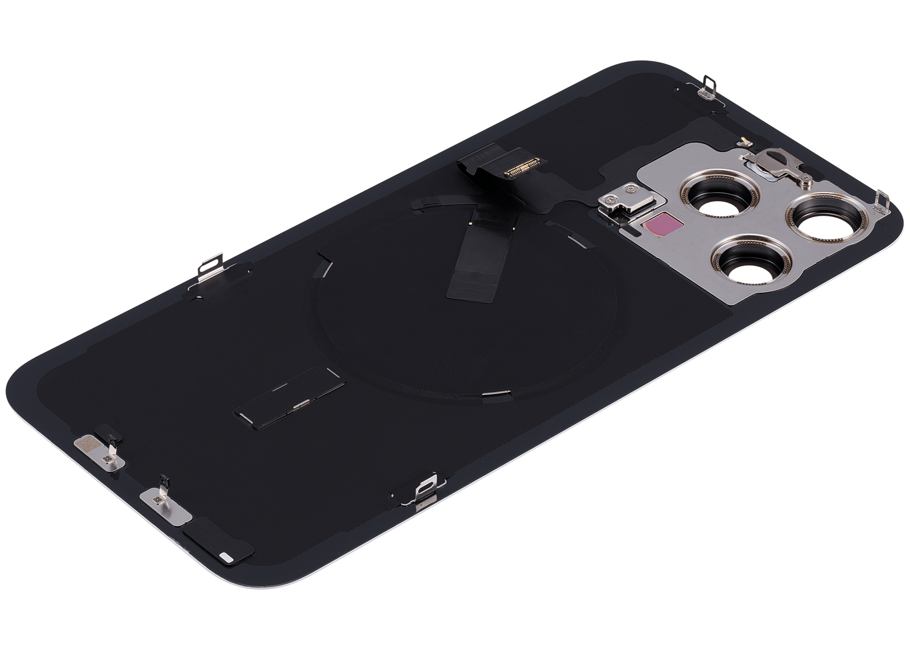 Back Glass With Steel Plate With Wireless NFC Charging MagSafe Magnet & Flashlight Flex Compatible For iPhone 15 Pro Max (Used OEM Pull: Grade A) (White Titanium)