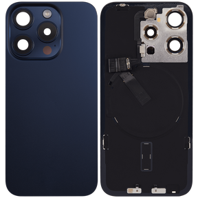 Back Glass With Steel Plate With Wireless NFC Charging MagSafe Magnet & Flashlight Flex Compatible For iPhone 15 Pro (Used OEM Pull: Grade A) (Blue Titanium)