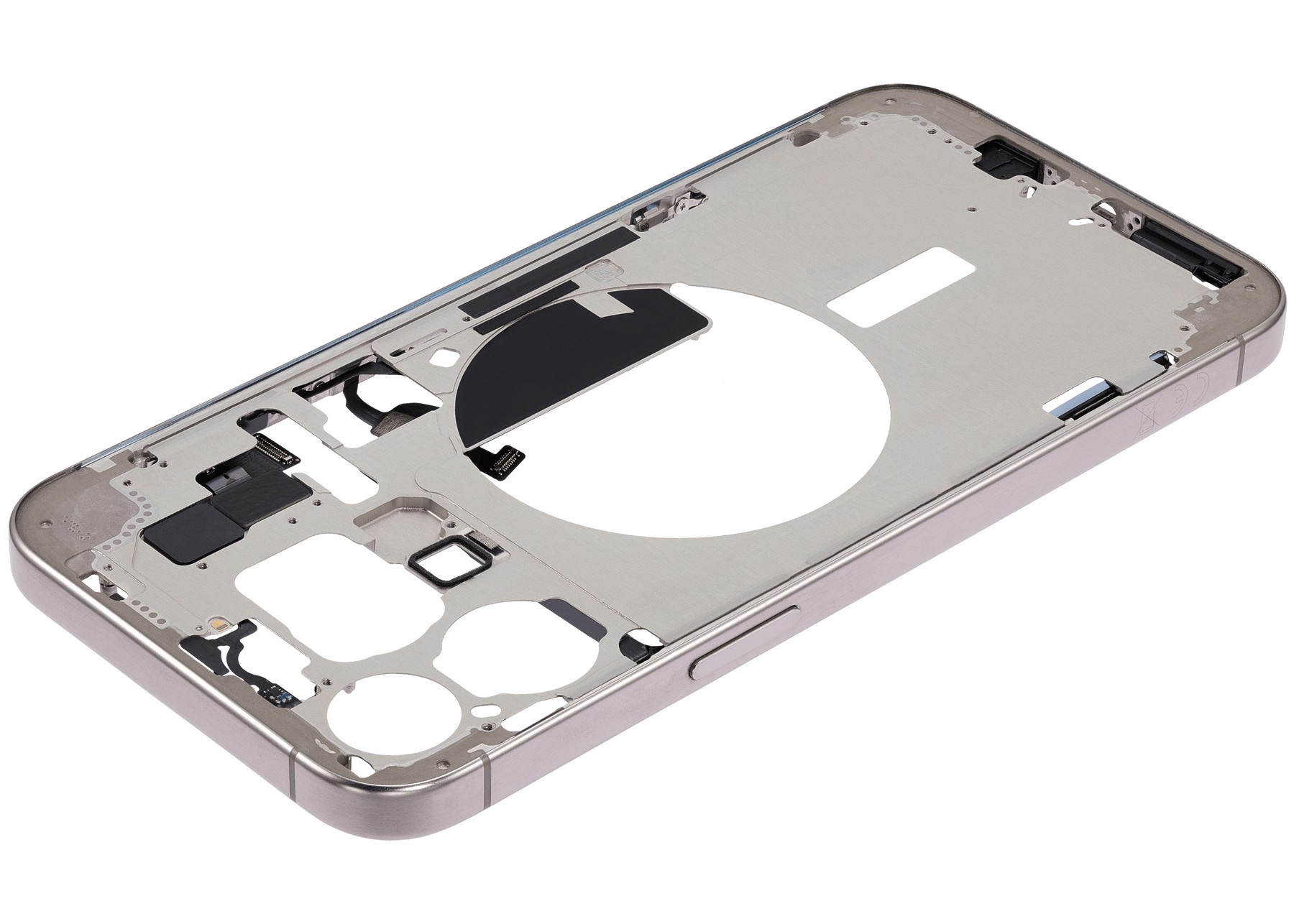 Mid-Frame Housing With Power And Volume Button Compatible For iPhone 15 Pro Max (International Version) (Used OEM Pull: Grade A) (Natural Titanium)