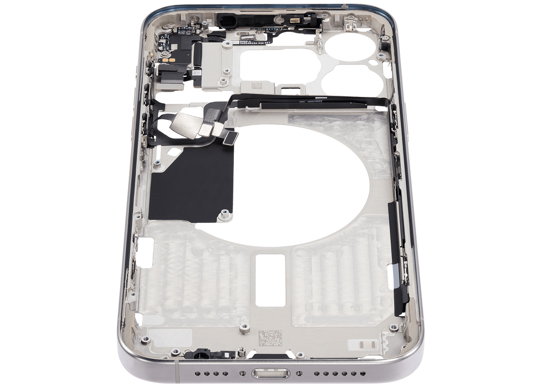 Mid-Frame Housing With Power And Volume Button Compatible For iPhone 15 Pro Max (International Version) (Used OEM Pull: Grade A) (White Titanium)