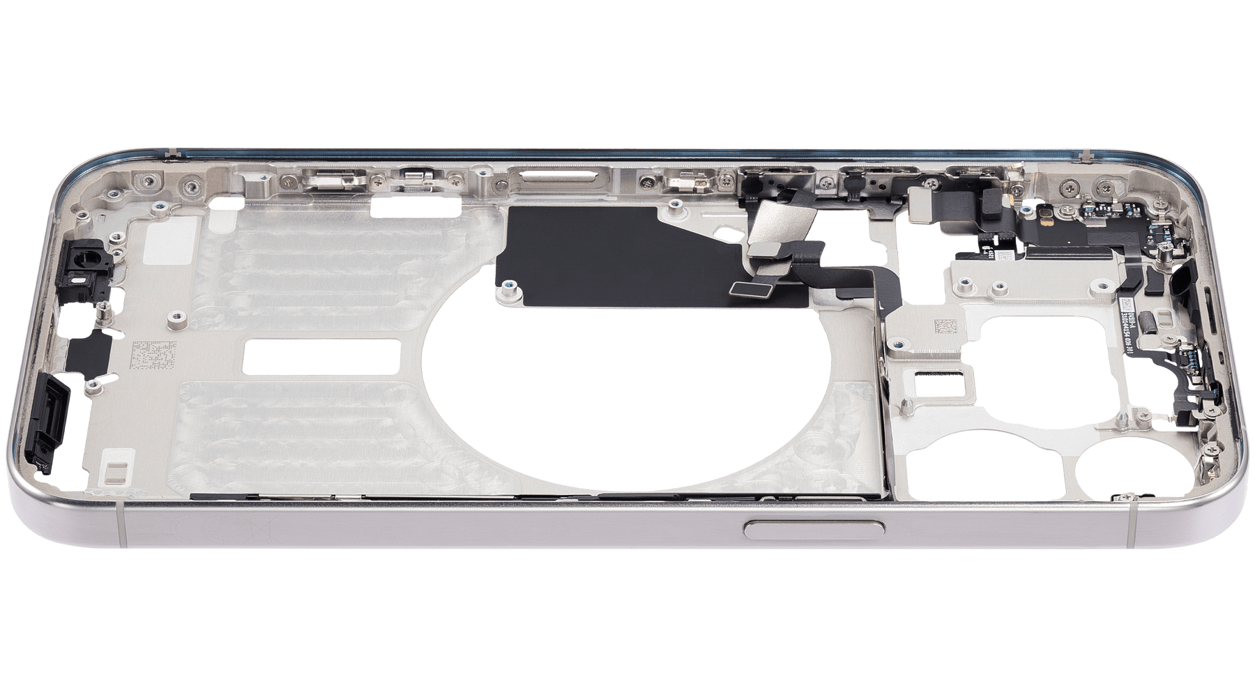 Mid-Frame Housing With Power And Volume Button Compatible For iPhone 15 Pro Max (International Version) (Used OEM Pull: Grade A) (White Titanium)