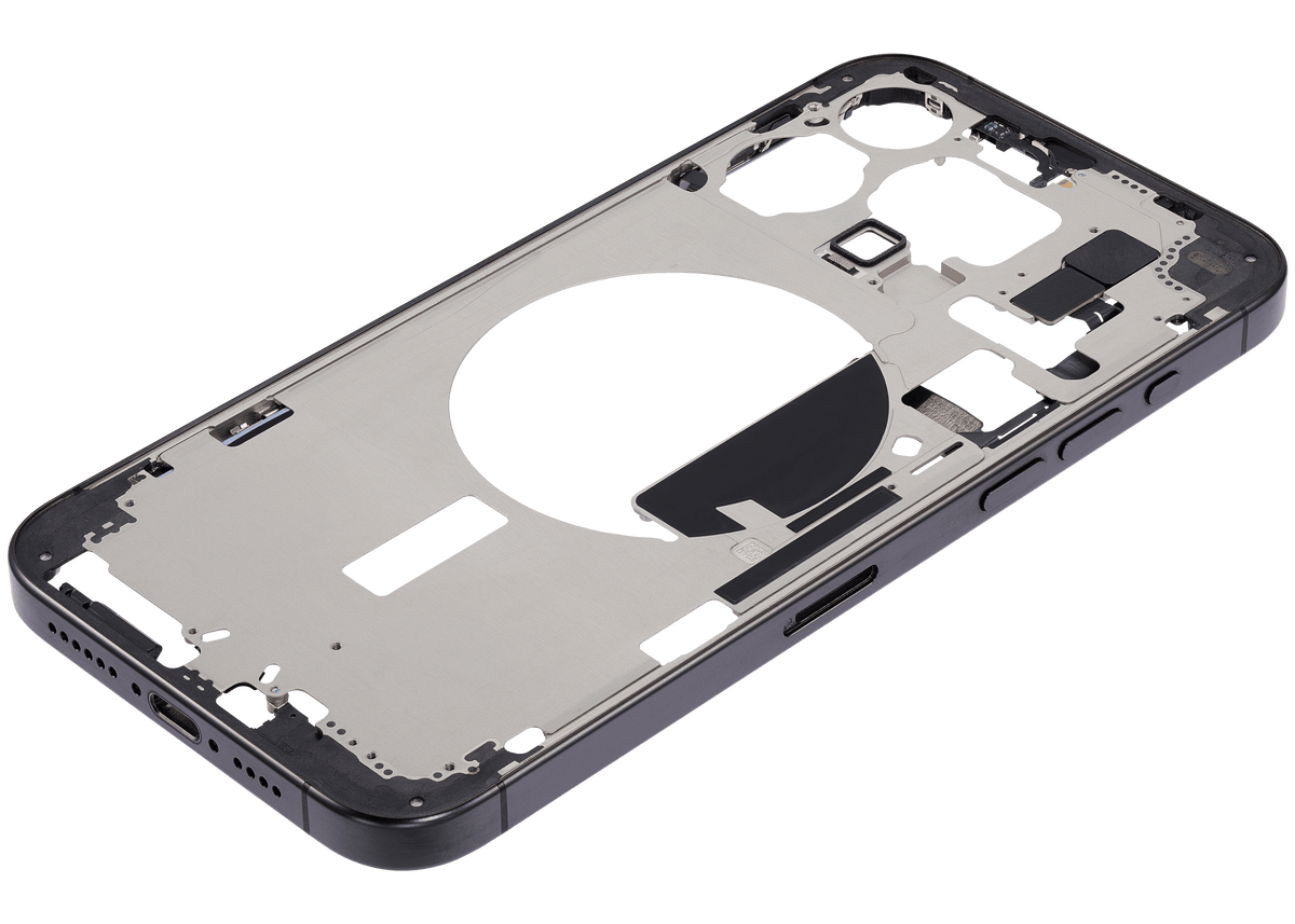 Mid-Frame Housing With Power And Volume Button Compatible For iPhone 15 Pro Max (International Version) (Used OEM Pull: Grade A) (Black Titanium)