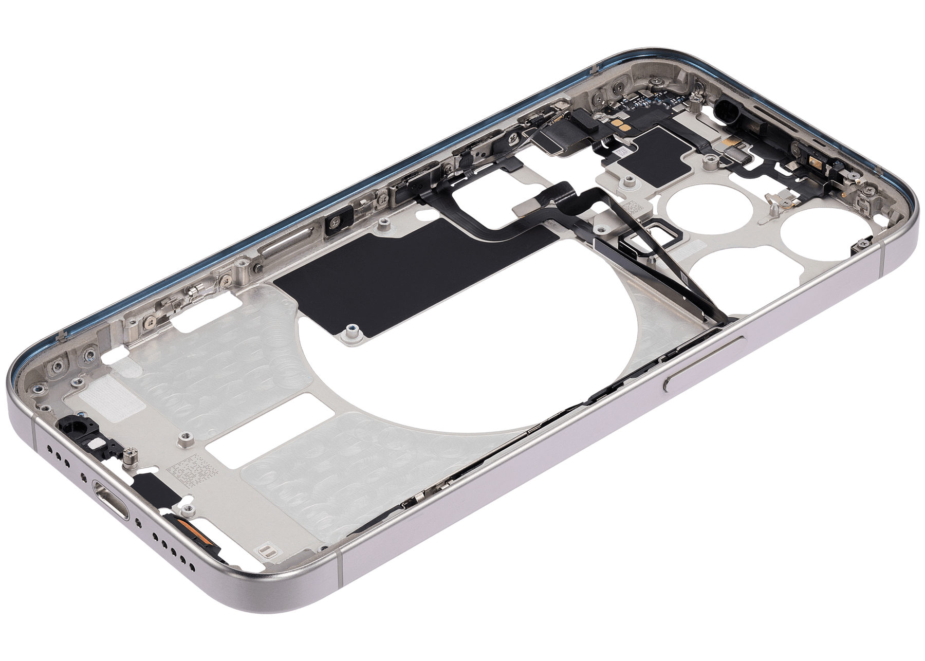 Mid-Frame Housing With Power And Volume Button Compatible For iPhone 15 Pro (International Version) (Used OEM Pull: Grade A) (White Titanium)