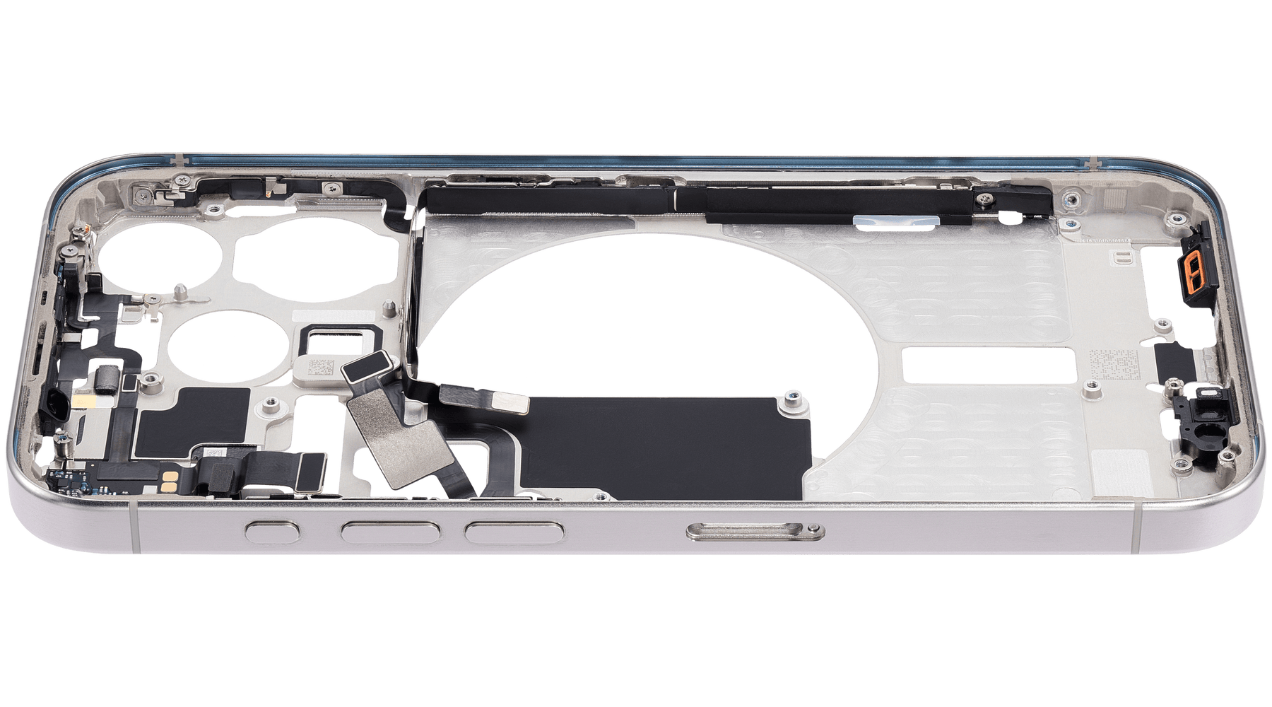 Mid-Frame Housing With Power And Volume Button Compatible For iPhone 15 Pro (International Version) (Used OEM Pull: Grade A) (White Titanium)