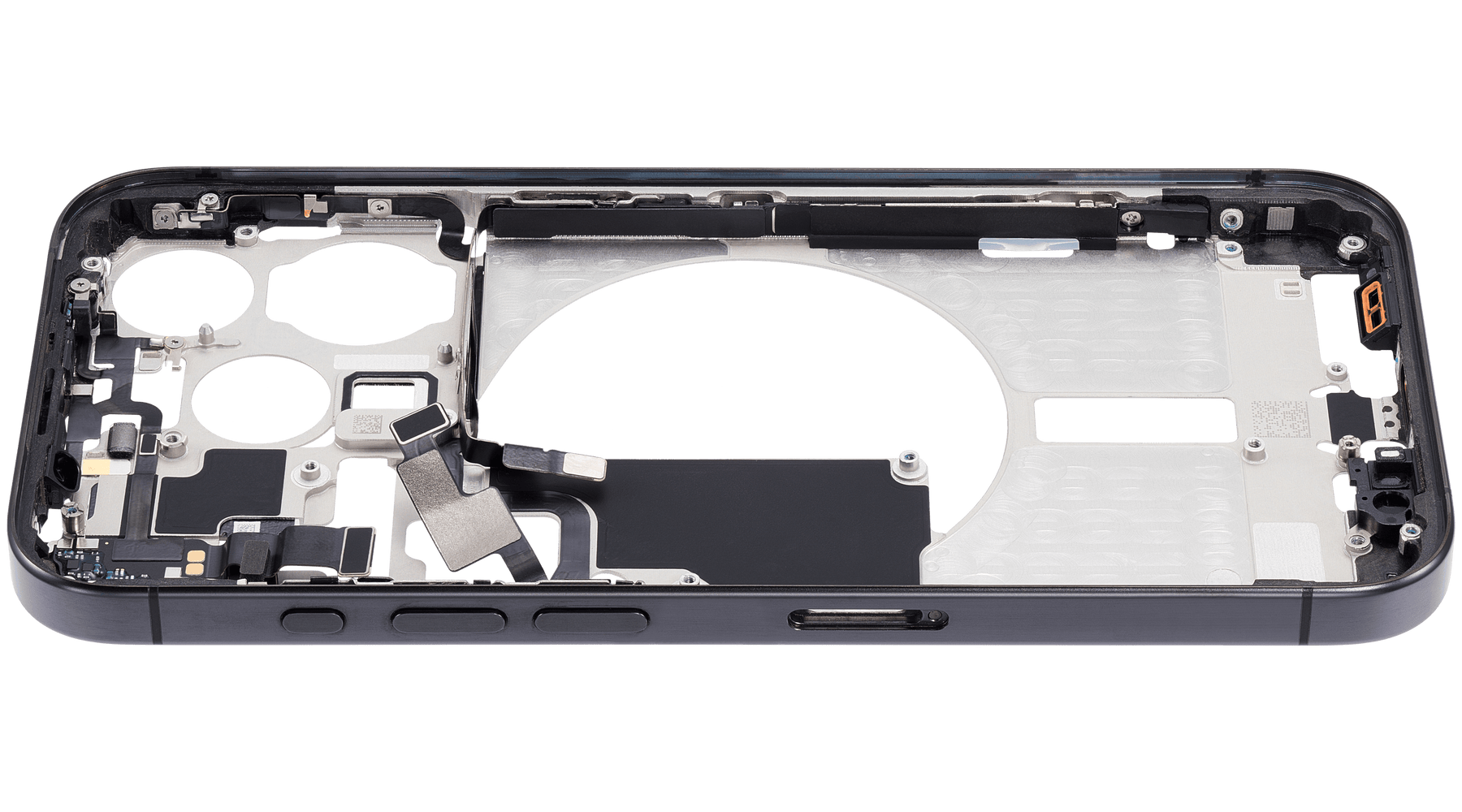 Mid-Frame Housing With Power And Volume Button Compatible For iPhone 15 Pro (International Version) (Used OEM Pull: Grade A) (Black Titanium)