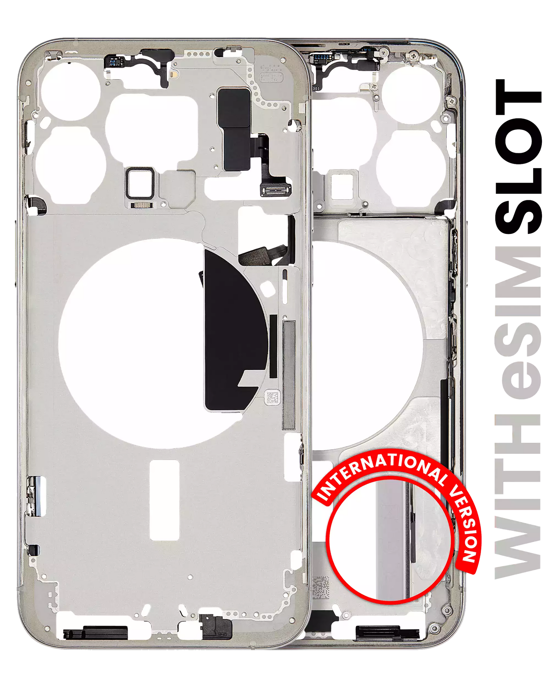Mid-Frame Housing With Power And Volume Button Compatible For iPhone 15 Pro Max (International Version) (Used OEM Pull: Grade A) (White Titanium)