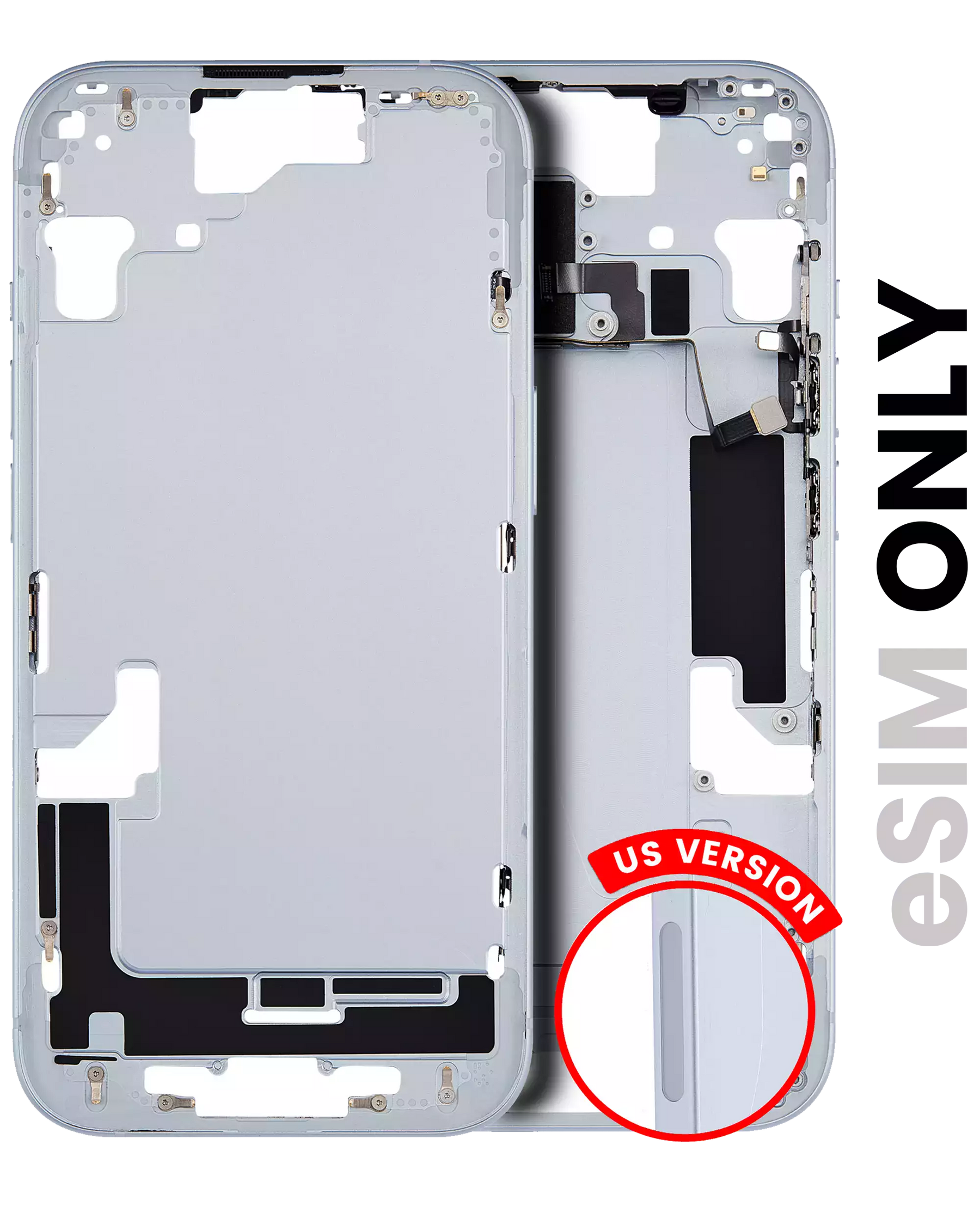 Mid-Frame Housing With Power And Volume Button Compatible For iPhone 15 (US Version) (Used OEM Pull: Grade A) (Blue)