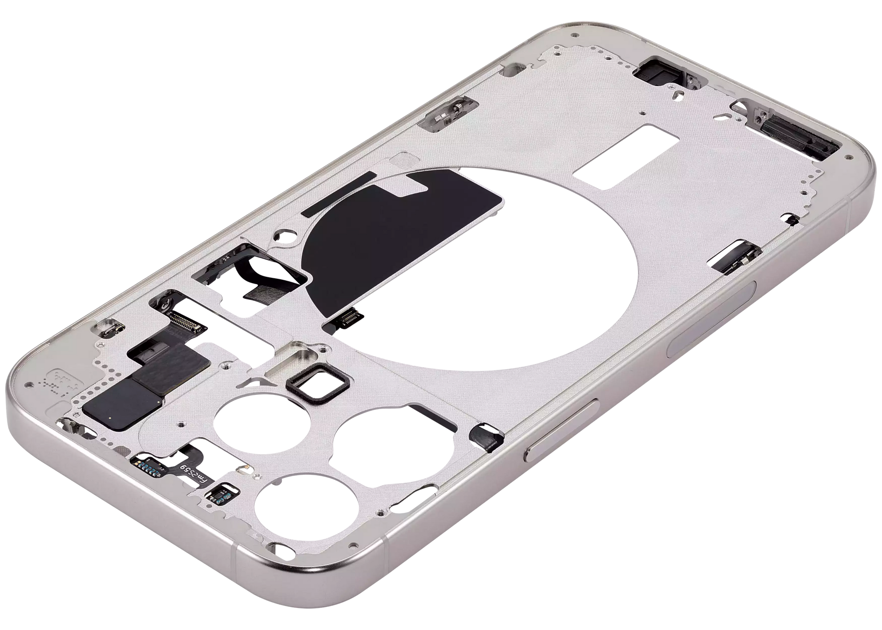 Mid-Frame Housing With Power And Volume Button Compatible For iPhone 15 Pro (US Version) (Used OEM Pull: Grade A) (White Titanium)