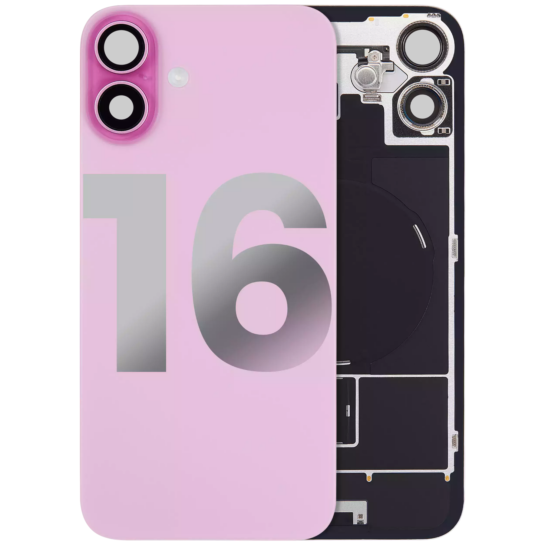 Back Glass With Steel Plate With Wireless NFC Charging MagSafe Magnet & Flashlight Flex Compatible For iPhone 16 (Used OEM Pull: Grade A) (Pink)