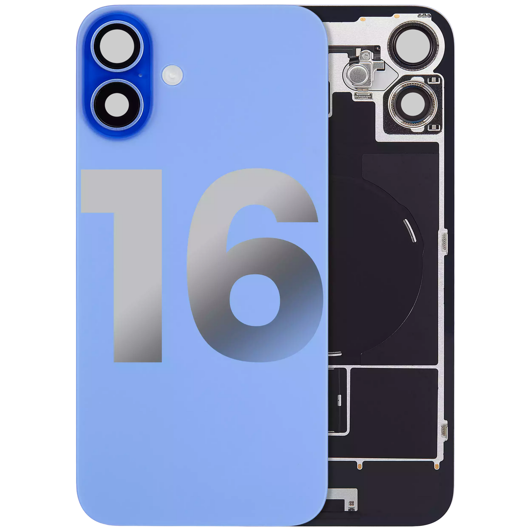 Back Glass With Steel Plate With Wireless NFC Charging MagSafe Magnet & Flashlight Flex Compatible For iPhone 16 (Used OEM Pull: Grade A) (Ultramarine)