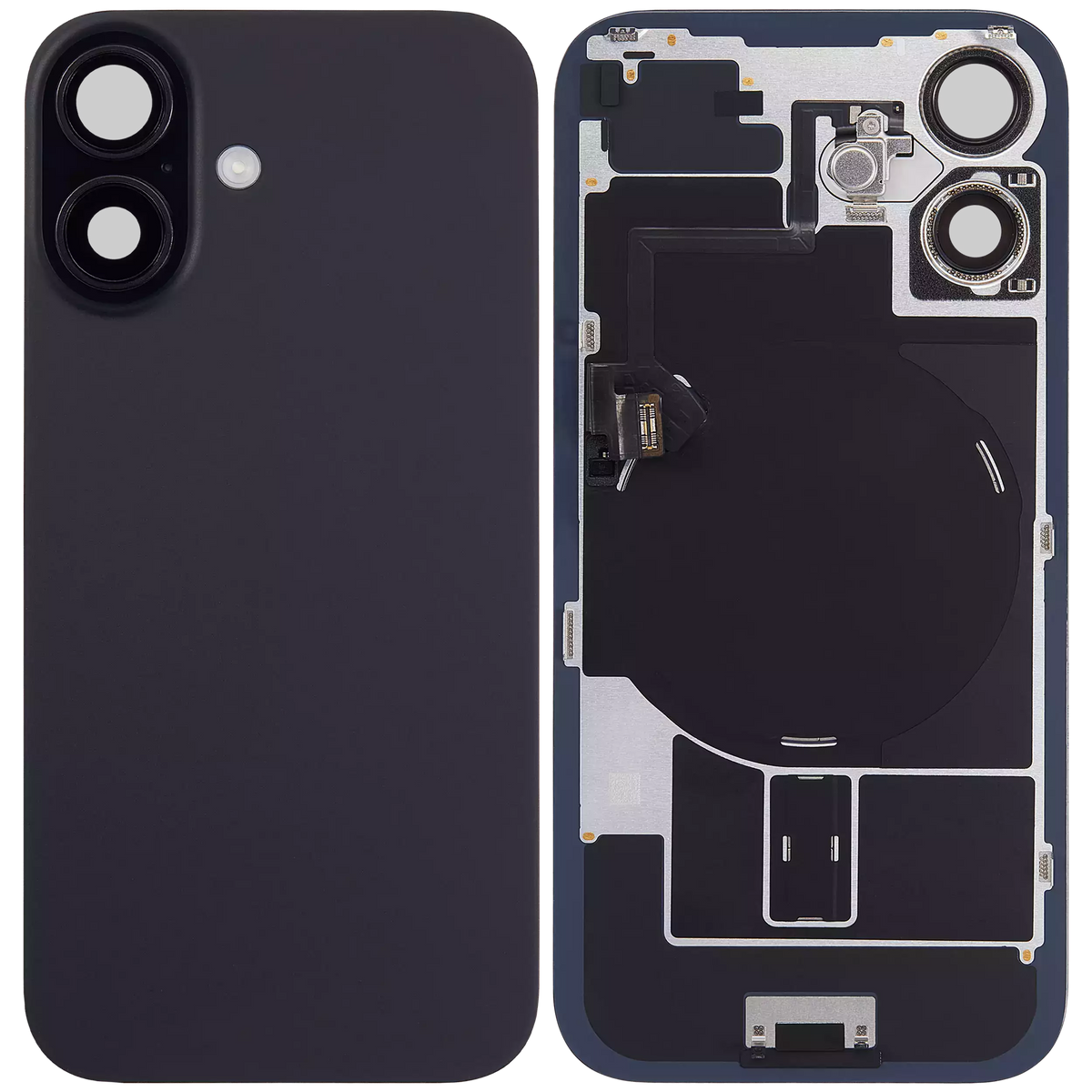 Back Glass With Steel Plate With Wireless NFC Charging MagSafe Magnet & Flashlight Flex Compatible For iPhone 16 Plus (Used OEM Pull: Grade A) (Black)