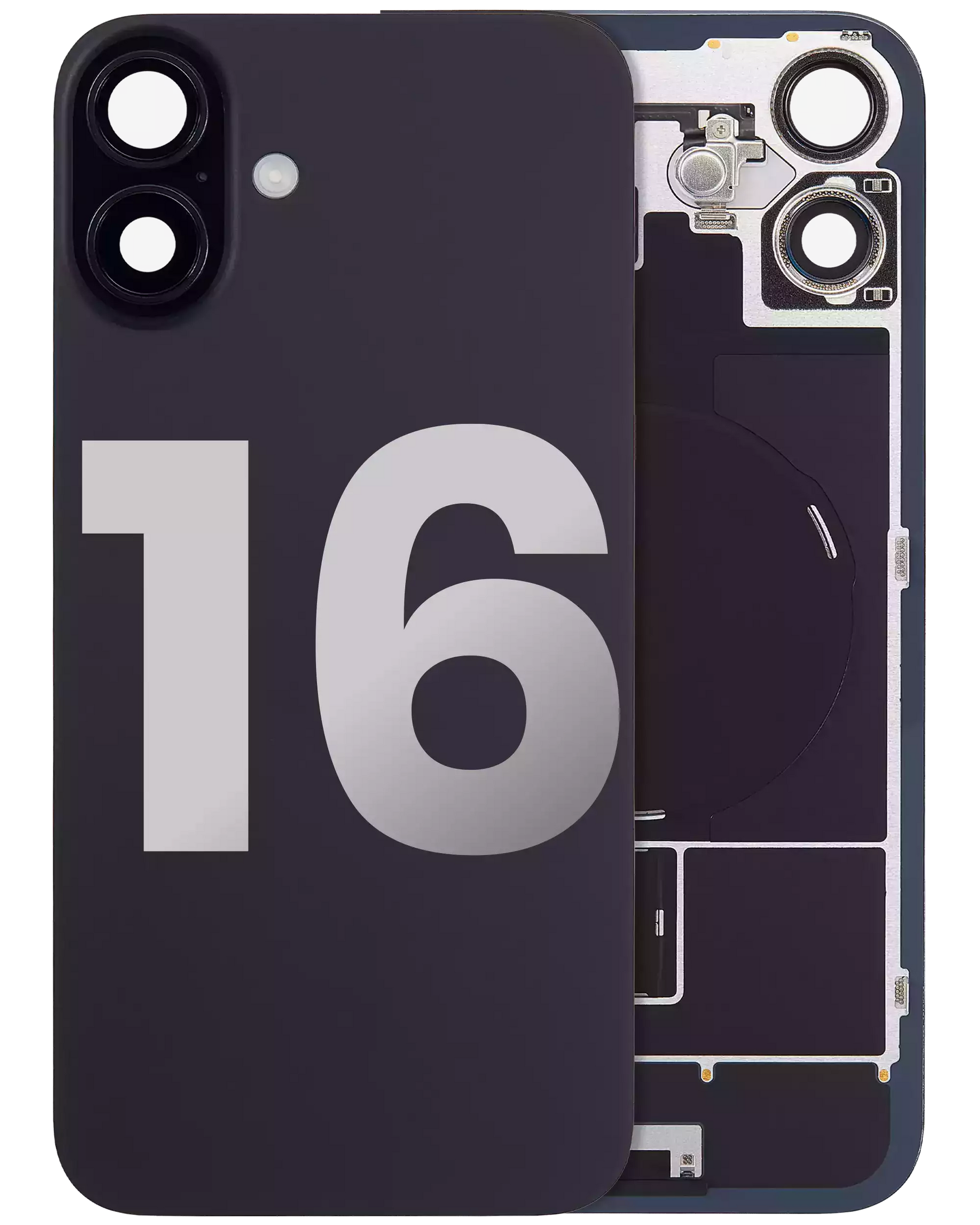 Back Glass With Steel Plate With Wireless NFC Charging MagSafe Magnet & Flashlight Flex Compatible For iPhone 16 (Used OEM Pull: Grade A) (Black)