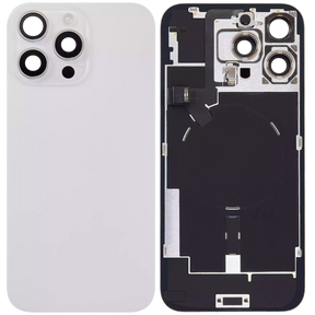 Back Glass With Steel Plate With Wireless NFC Charging MagSafe Magnet & Flashlight Flex Compatible For iPhone 16 Pro Max (Used OEM Pull: Grade A) (White Titanium)