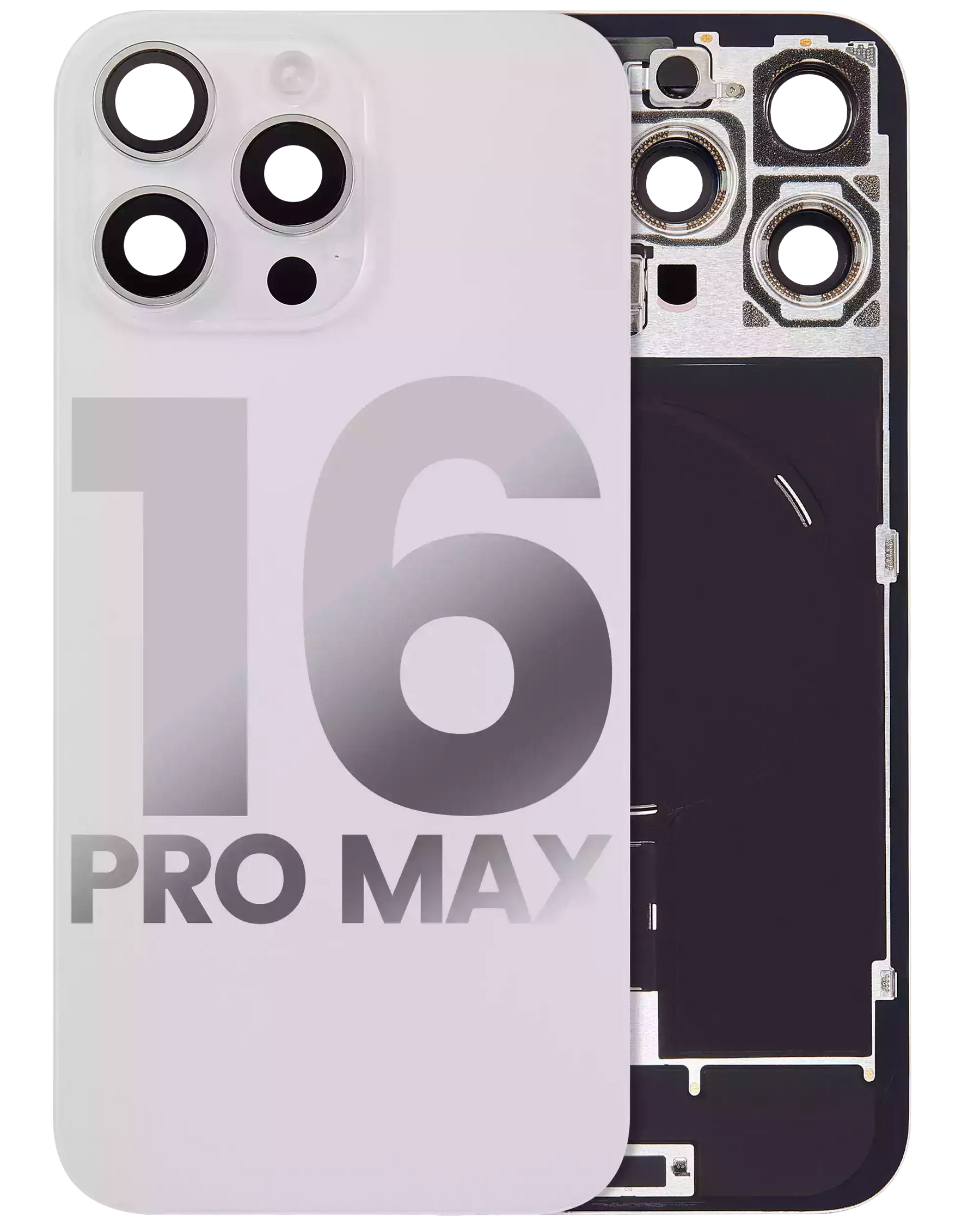 Back Glass With Steel Plate With Wireless NFC Charging MagSafe Magnet & Flashlight Flex Compatible For iPhone 16 Pro Max (Used OEM Pull: Grade A) (White Titanium)