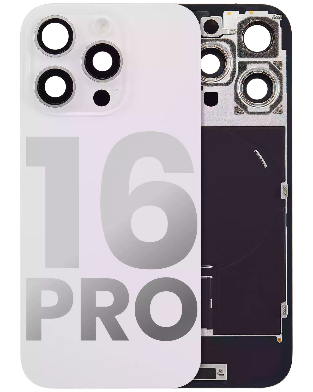 Back Glass With Steel Plate With Wireless NFC Charging MagSafe Magnet & Flashlight Flex Compatible For iPhone 16 Pro (Used OEM Pull: Grade A) (White Titanium)