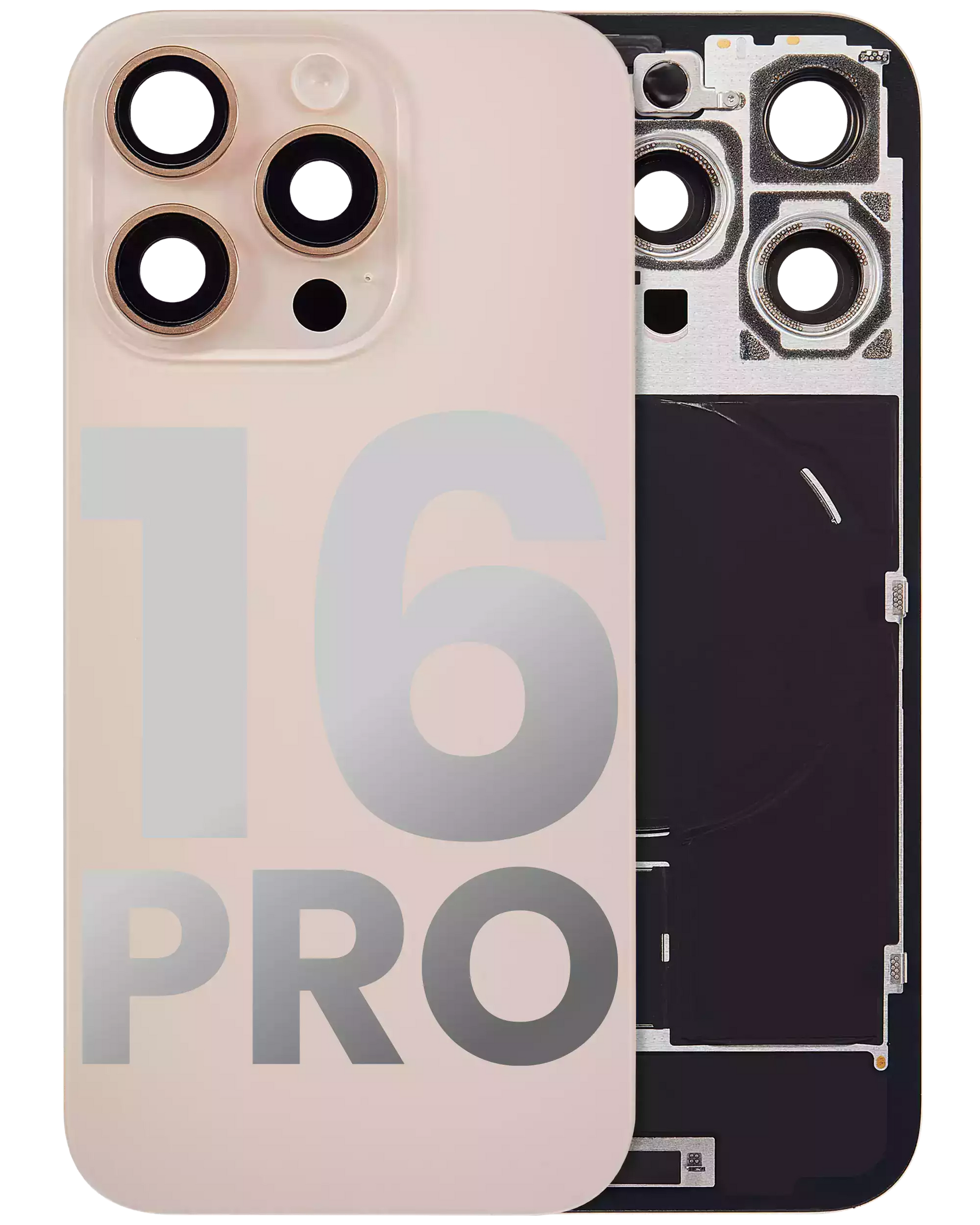 Back Glass With Steel Plate With Wireless NFC Charging MagSafe Magnet & Flashlight Flex Compatible For iPhone 16 Pro (Used OEM Pull: Grade A) (Desert Titanium)