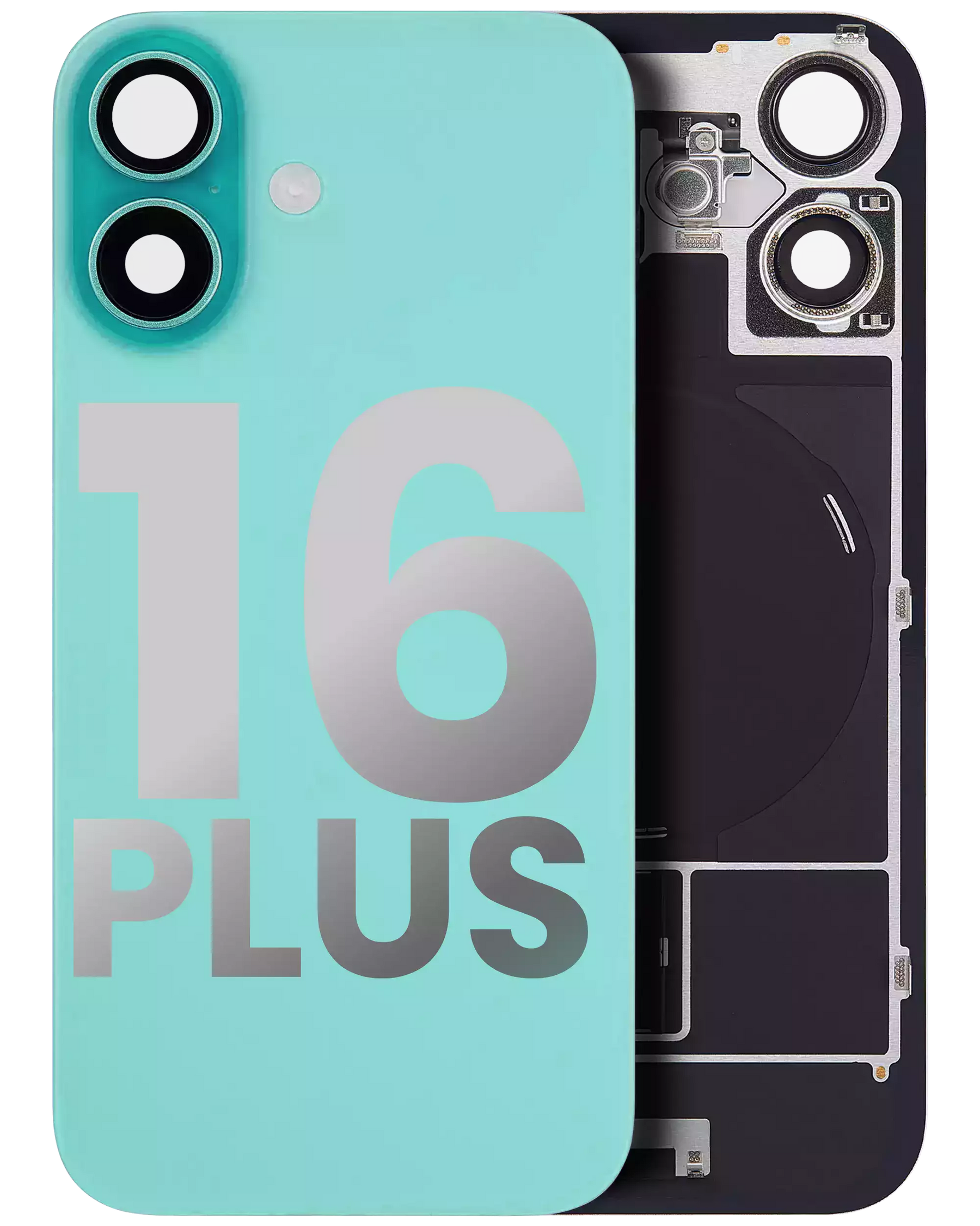 Back Glass With Steel Plate With Wireless NFC Charging MagSafe Magnet & Flashlight Flex Compatible For iPhone 16 Plus (Used OEM Pull: Grade A) (Teal)