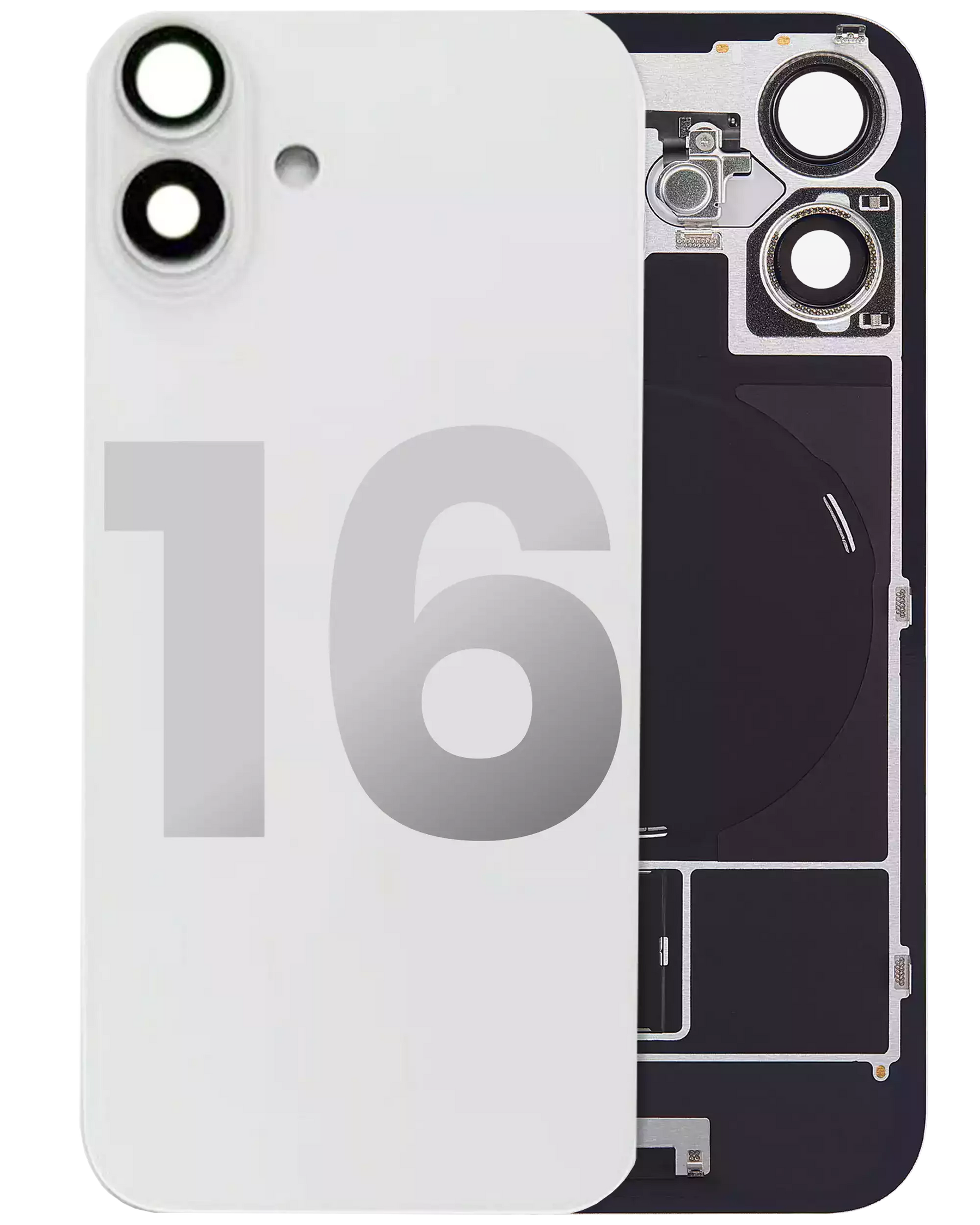 Back Glass With Steel Plate With Wireless NFC Charging MagSafe Magnet & Flashlight Flex Compatible For iPhone 16 (Used OEM Pull: Grade A) (White)