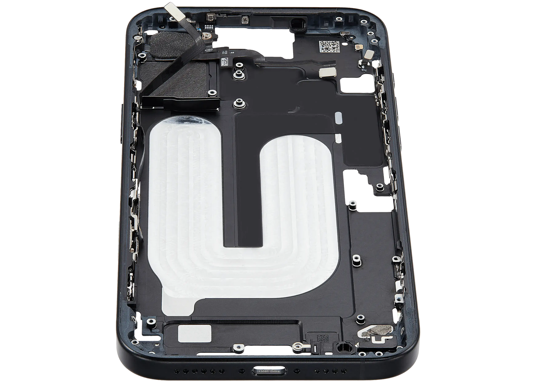 Mid-Frame Housing With Power And Volume Button Compatible For iPhone 16 Plus (US Version) (Used OEM Pull: Grade A) (Black)