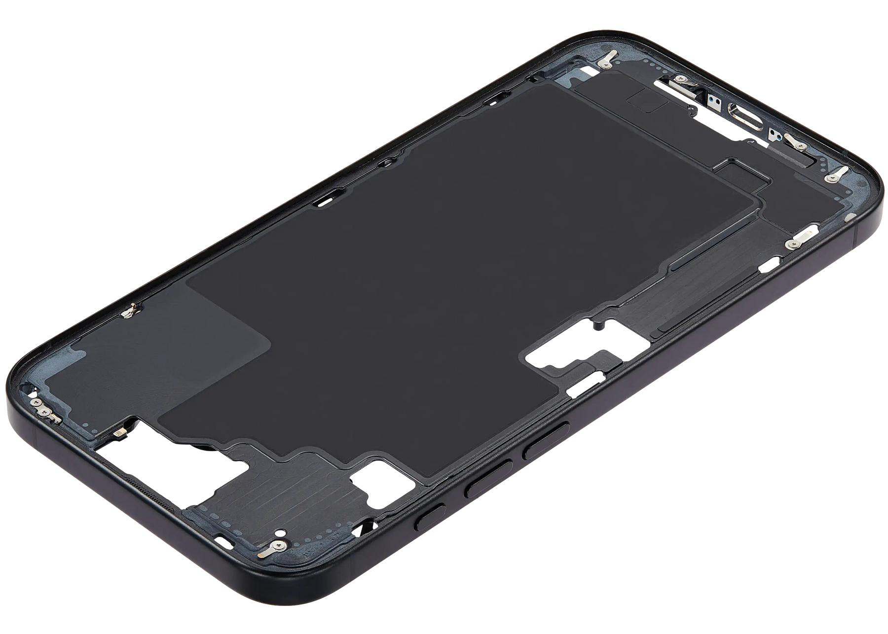 Mid-Frame Housing With Power And Volume Button Compatible For iPhone 16 Plus (US Version) (Used OEM Pull: Grade A) (Black)