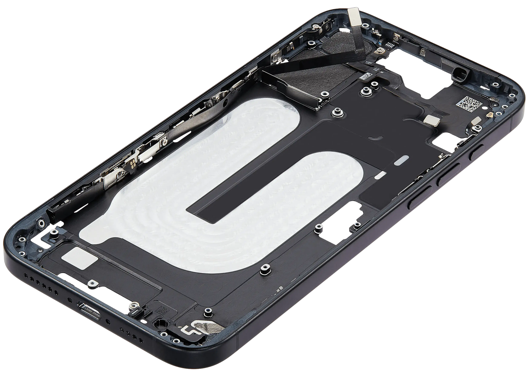 Mid-Frame Housing With Power And Volume Button Compatible For iPhone 16 Plus (US Version) (Used OEM Pull: Grade A) (Black)