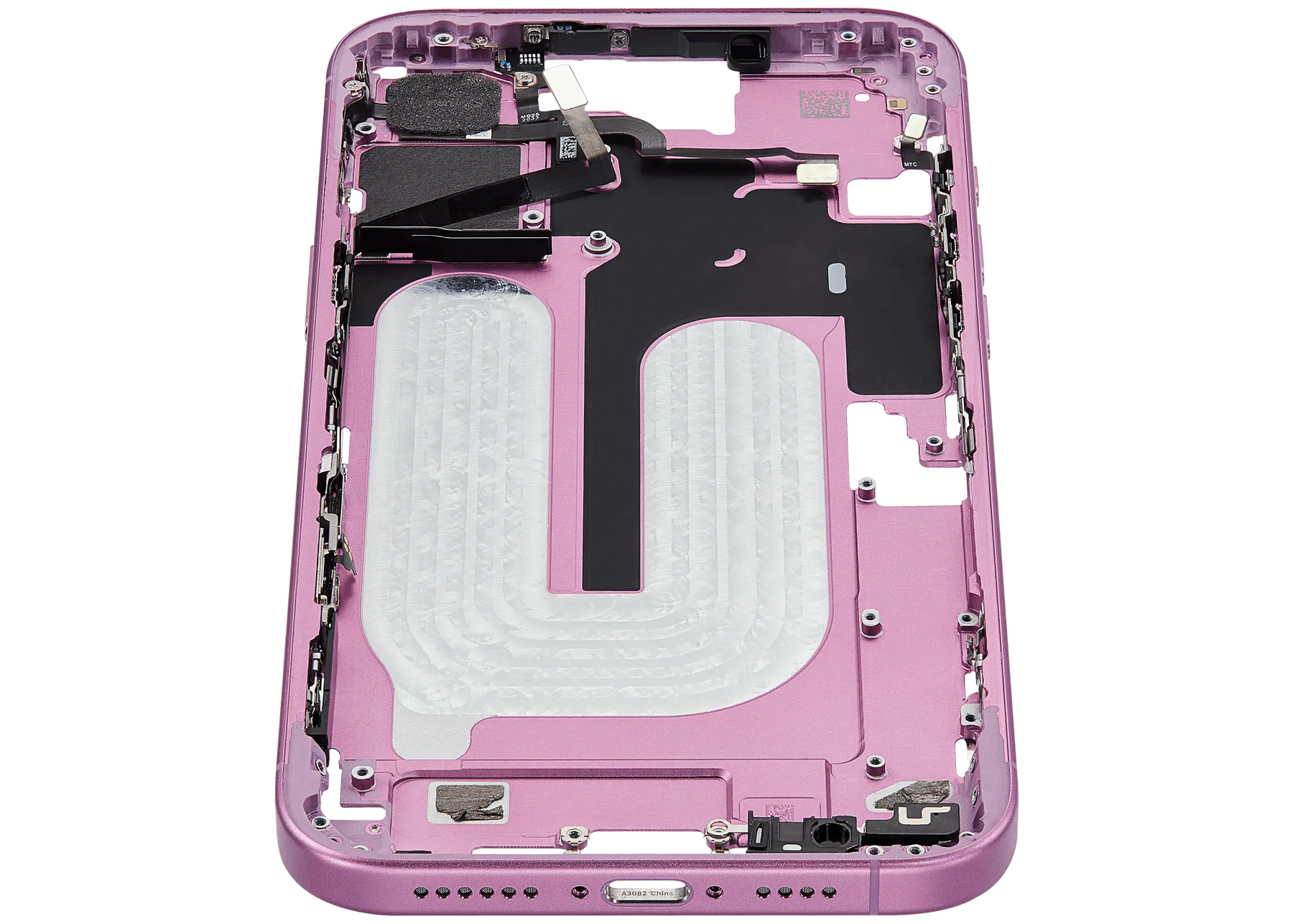 Mid-Frame Housing With Power And Volume Button Compatible For iPhone 16 Plus (US Version) (Used OEM Pull: Grade A) (Pink)