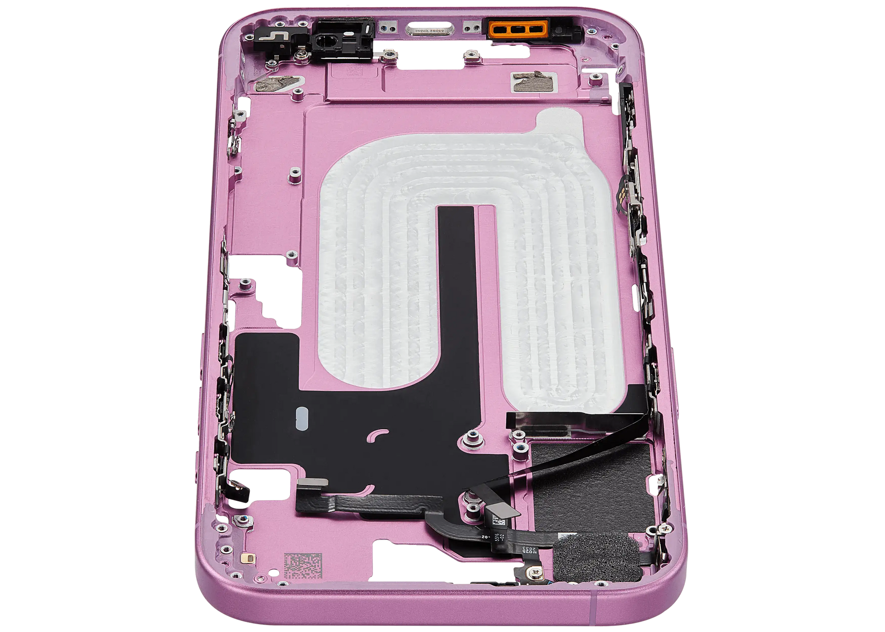 Mid-Frame Housing With Power And Volume Button Compatible For iPhone 16 Plus (US Version) (Used OEM Pull: Grade A) (Pink)