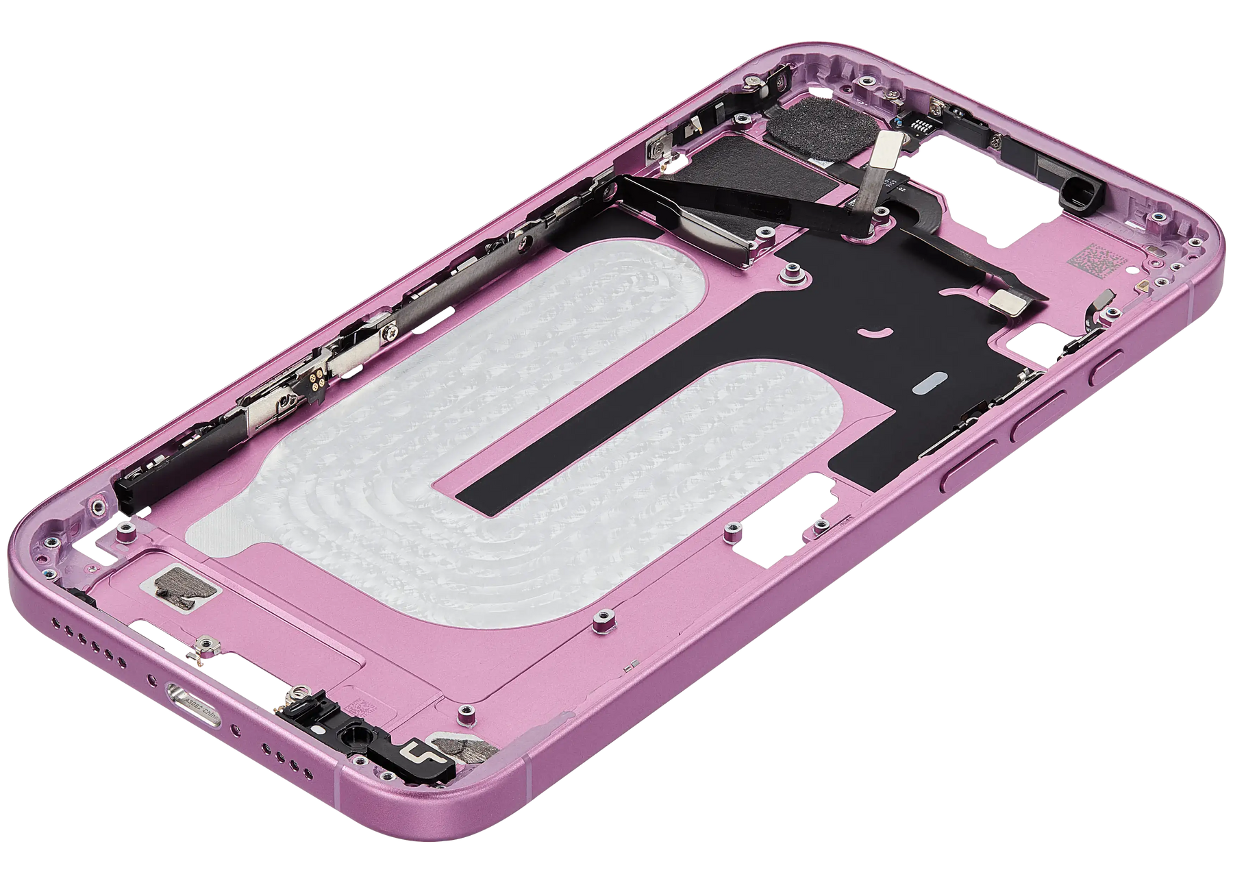 Mid-Frame Housing With Power And Volume Button Compatible For iPhone 16 Plus (US Version) (Used OEM Pull: Grade A) (Pink)