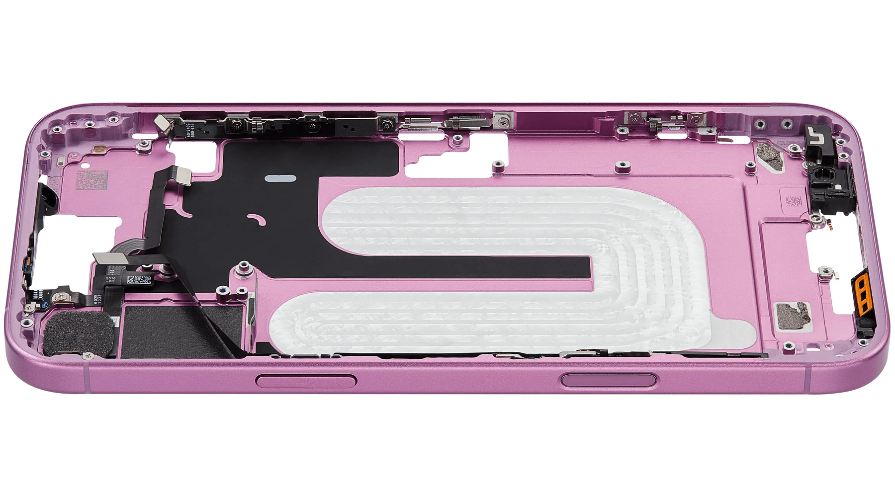 Mid-Frame Housing With Power And Volume Button Compatible For iPhone 16 Plus (US Version) (Used OEM Pull: Grade A) (Pink)