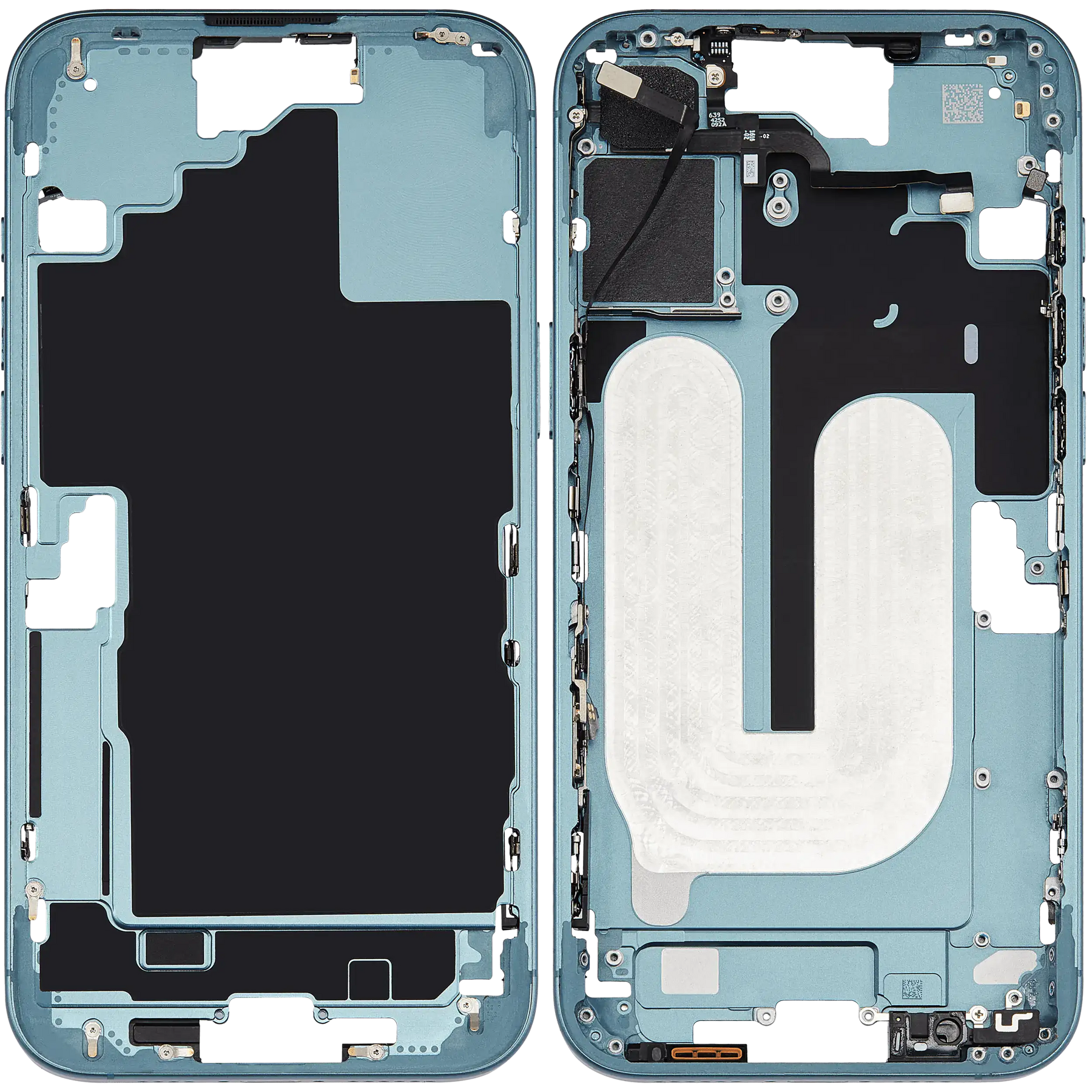 Mid-Frame Housing With Power And Volume Button Compatible For iPhone 16 Plus (US Version) (Used OEM Pull: Grade A) (Teal)