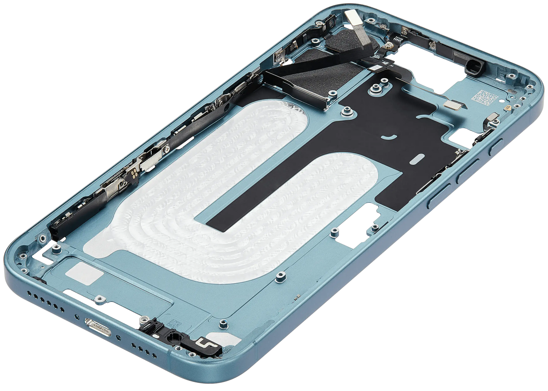 Mid-Frame Housing With Power And Volume Button Compatible For iPhone 16 Plus (US Version) (Used OEM Pull: Grade A) (Teal)