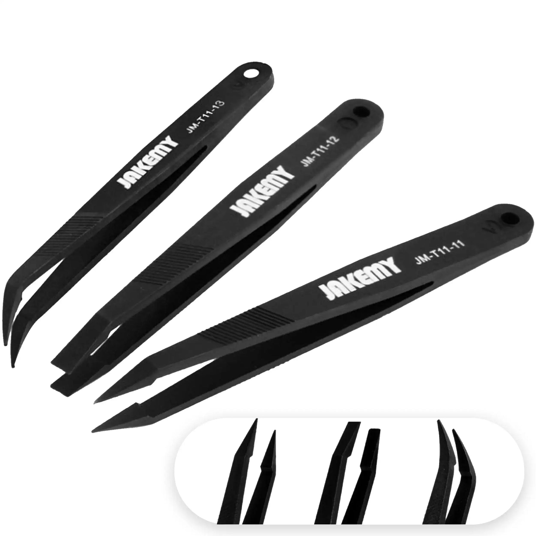 Anti-Static Heat Resistant Flat Pointed Curved Tweezers 3 Piece Set (JM-T11) (Jakemy)