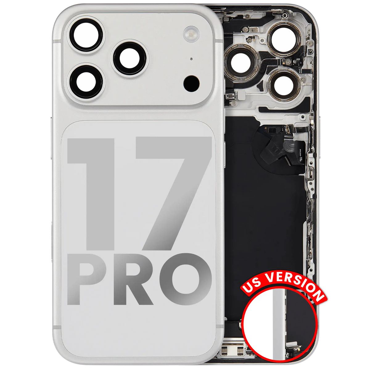 Back Housing W/ Charging Port Flex & Small Parts Compatible For iPhone 17 Pro (US Version) (Used OEM Pull: Grade A) (Silver)