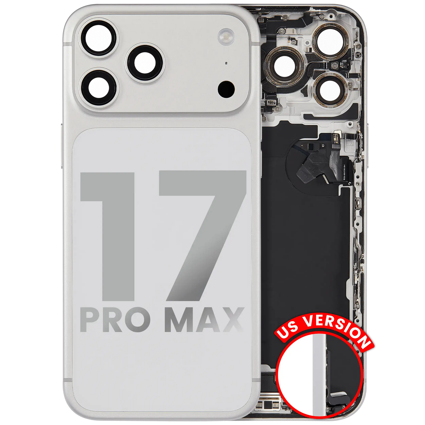 Back Housing W/ Charging Port Flex & Small Parts Compatible For iPhone 17 Pro Max (US Version) (Used OEM Pull: Grade A) (Silver)